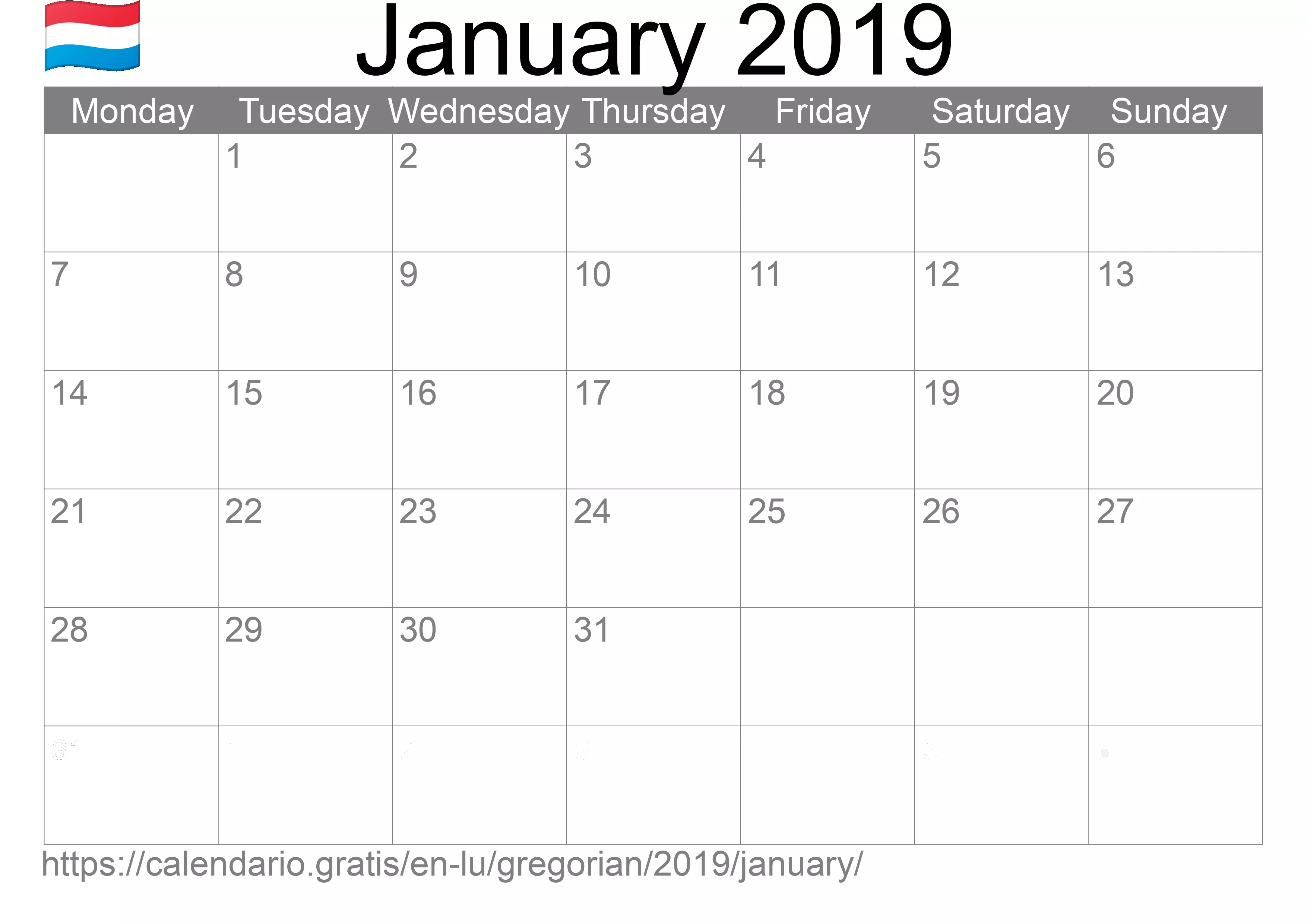 Calendar January 2019 to print (Luxembourg) Calendar January 2019 to print (Luxembourg)