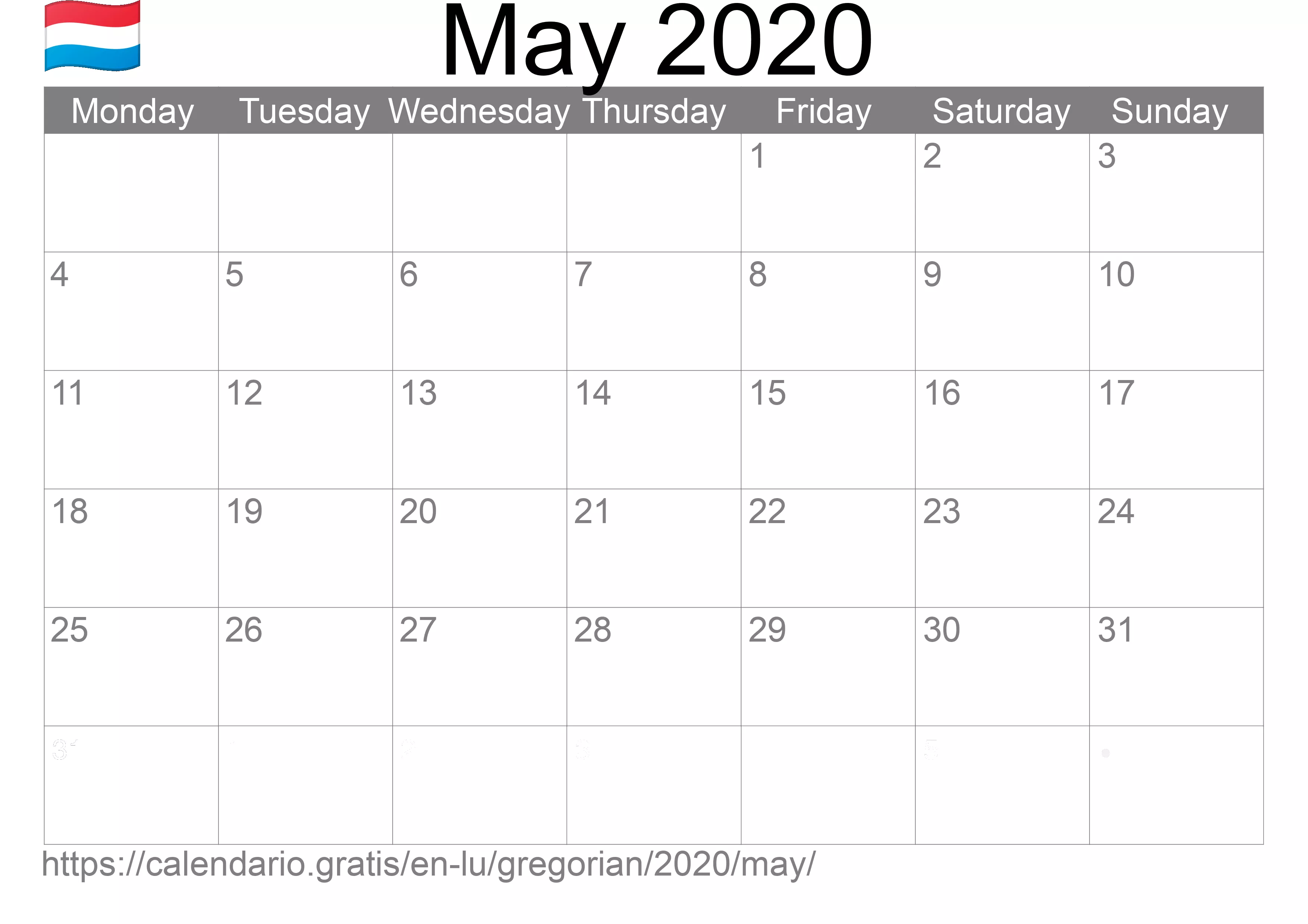 Calendar May 2020 to print (Luxembourg) Calendar May 2020 to print (Luxembourg)