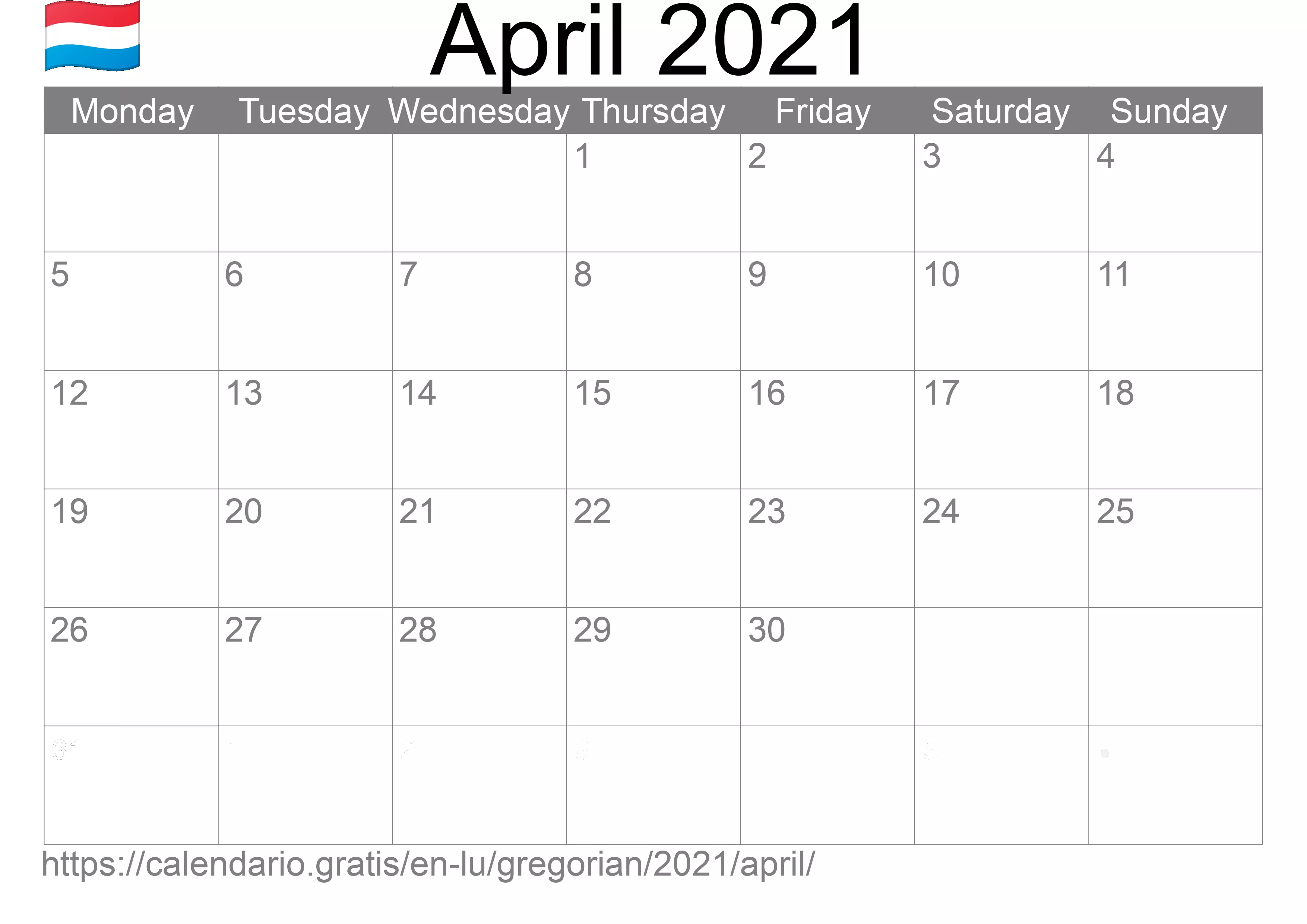Calendar April 2021 to print (Luxembourg) Calendar April 2021 to print (Luxembourg)