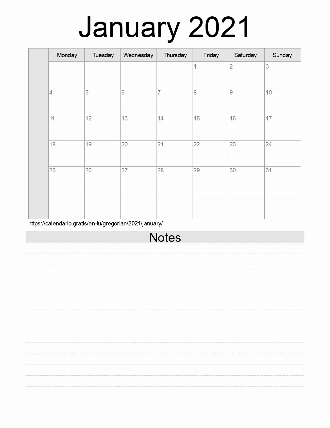 Calendar for printing with notes for 2021 January . (Luxembourg) Calendar for printing with notes for 2021 January . (Luxembourg)