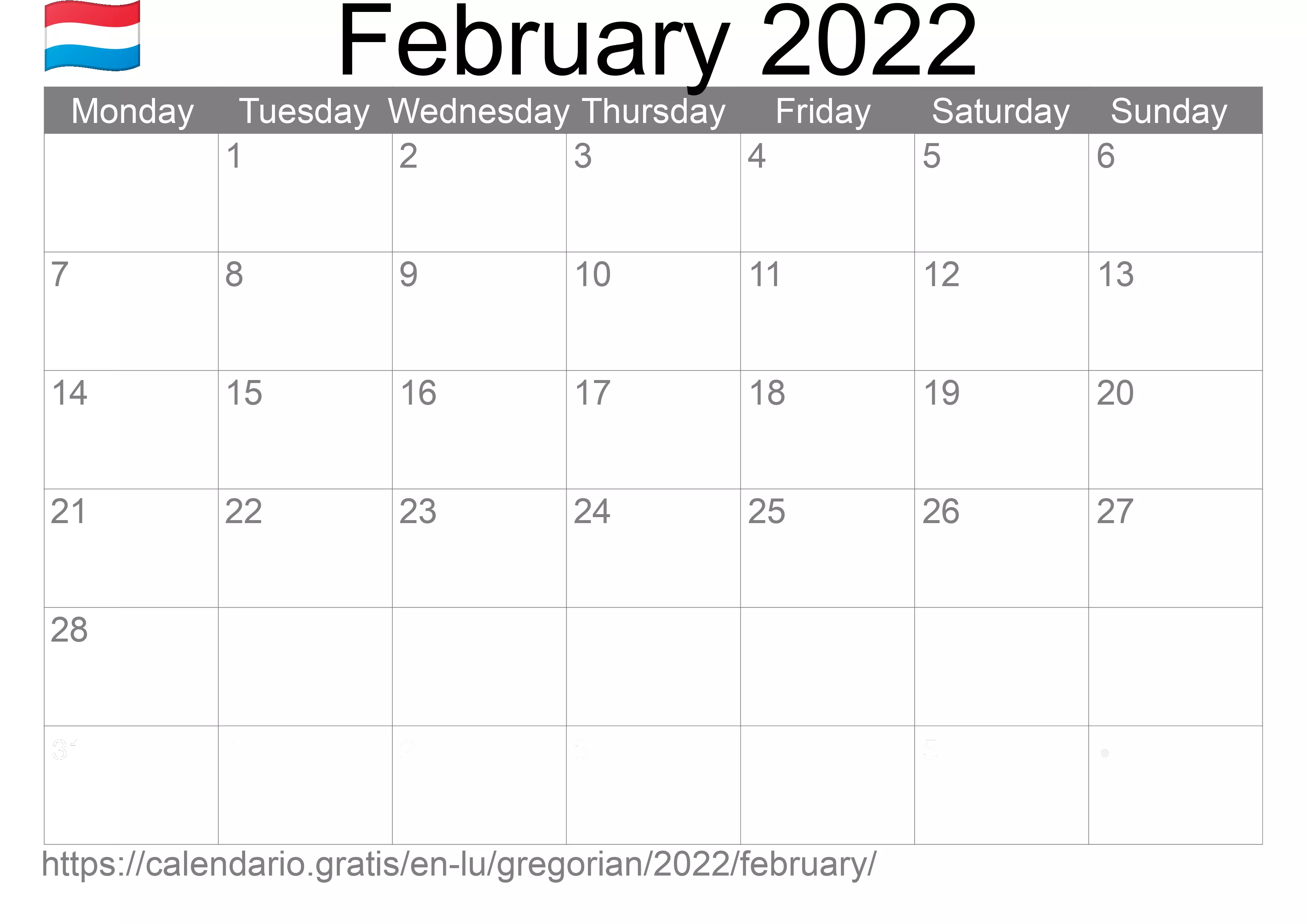 Calendar February 2022 to print (Luxembourg) Calendar February 2022 to print (Luxembourg)