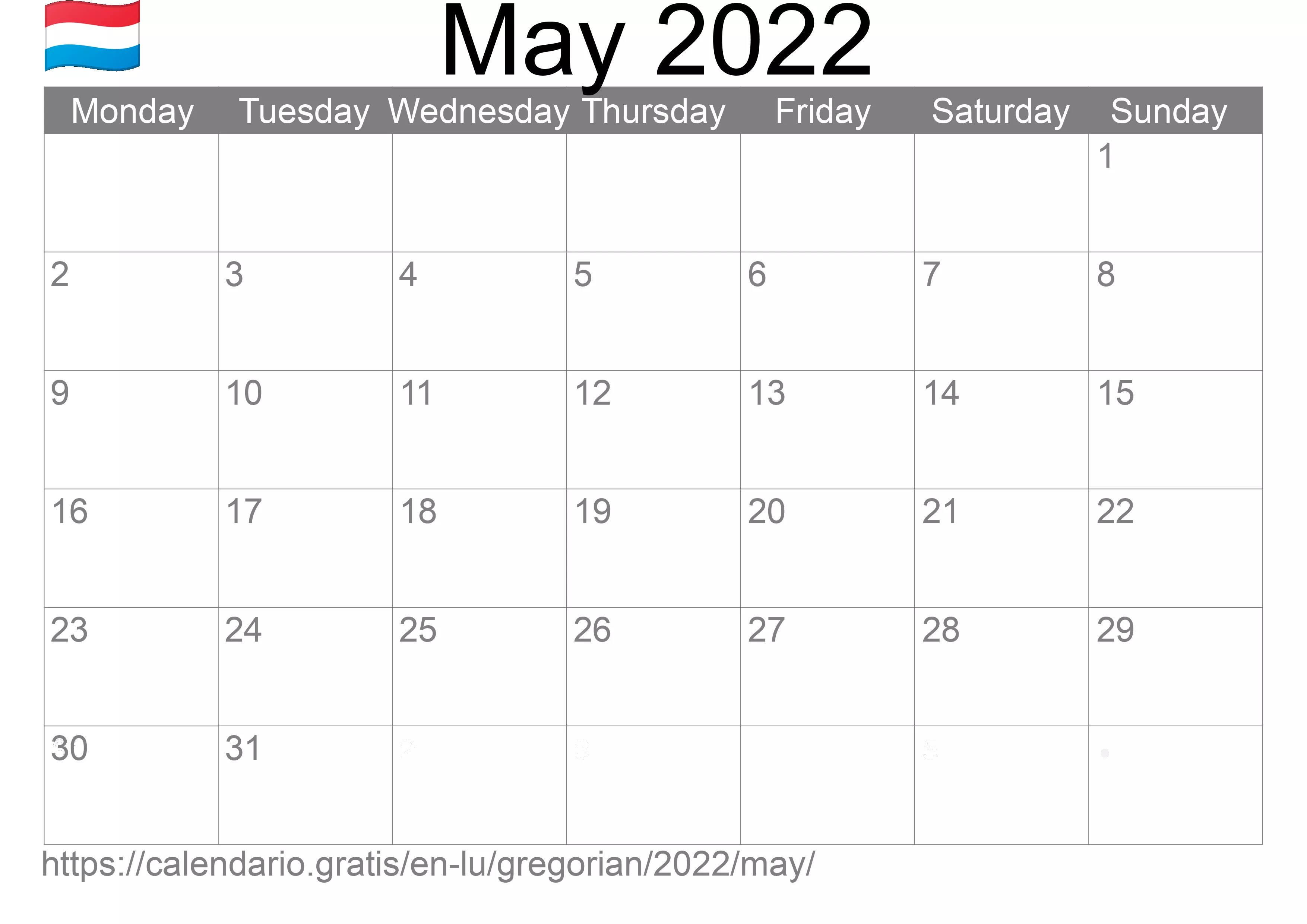 Calendar May 2022 to print (Luxembourg) Calendar May 2022 to print (Luxembourg)