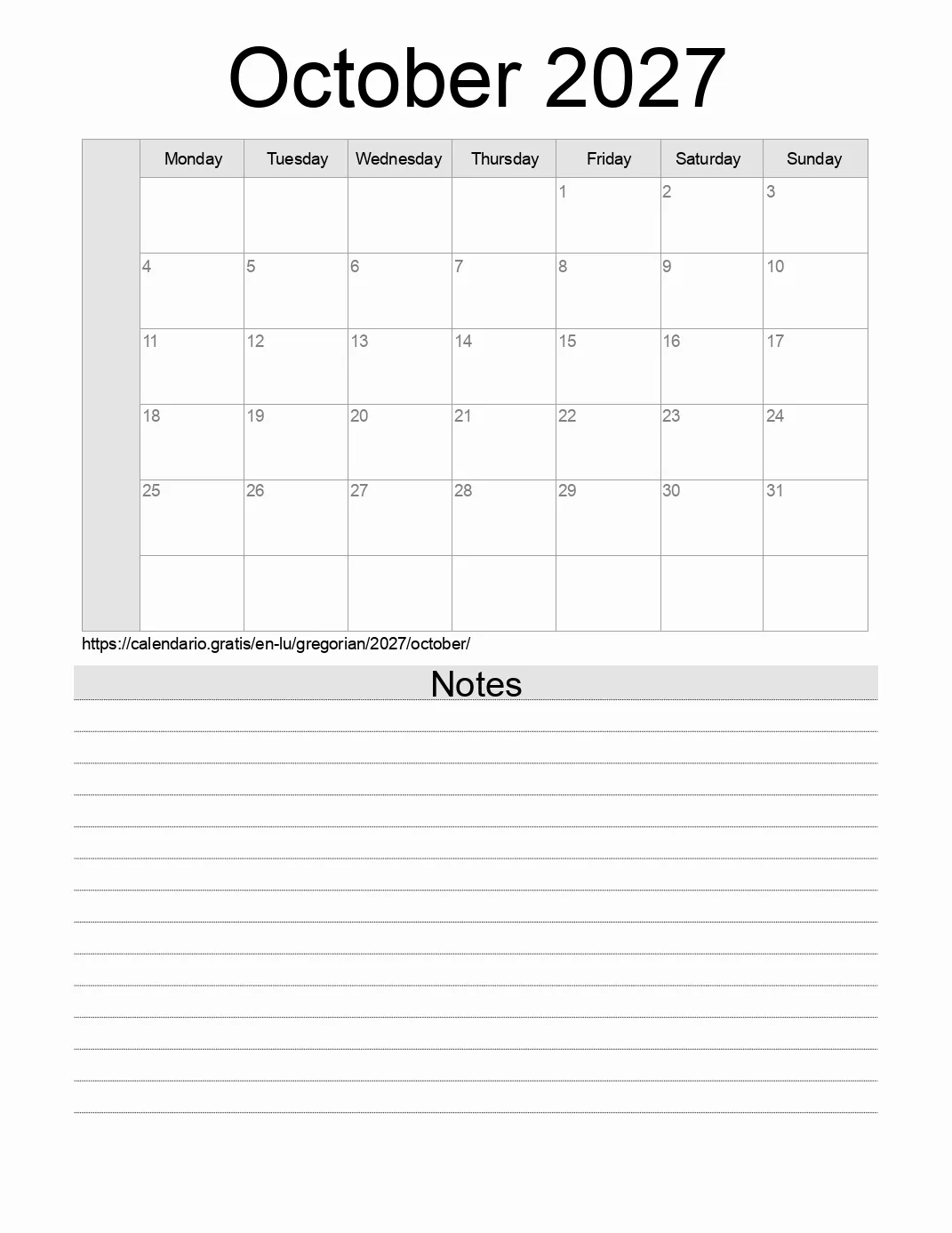 Calendar for printing with notes for 2027 October . (Luxembourg) Calendar for printing with notes for 2027 October . (Luxembourg)