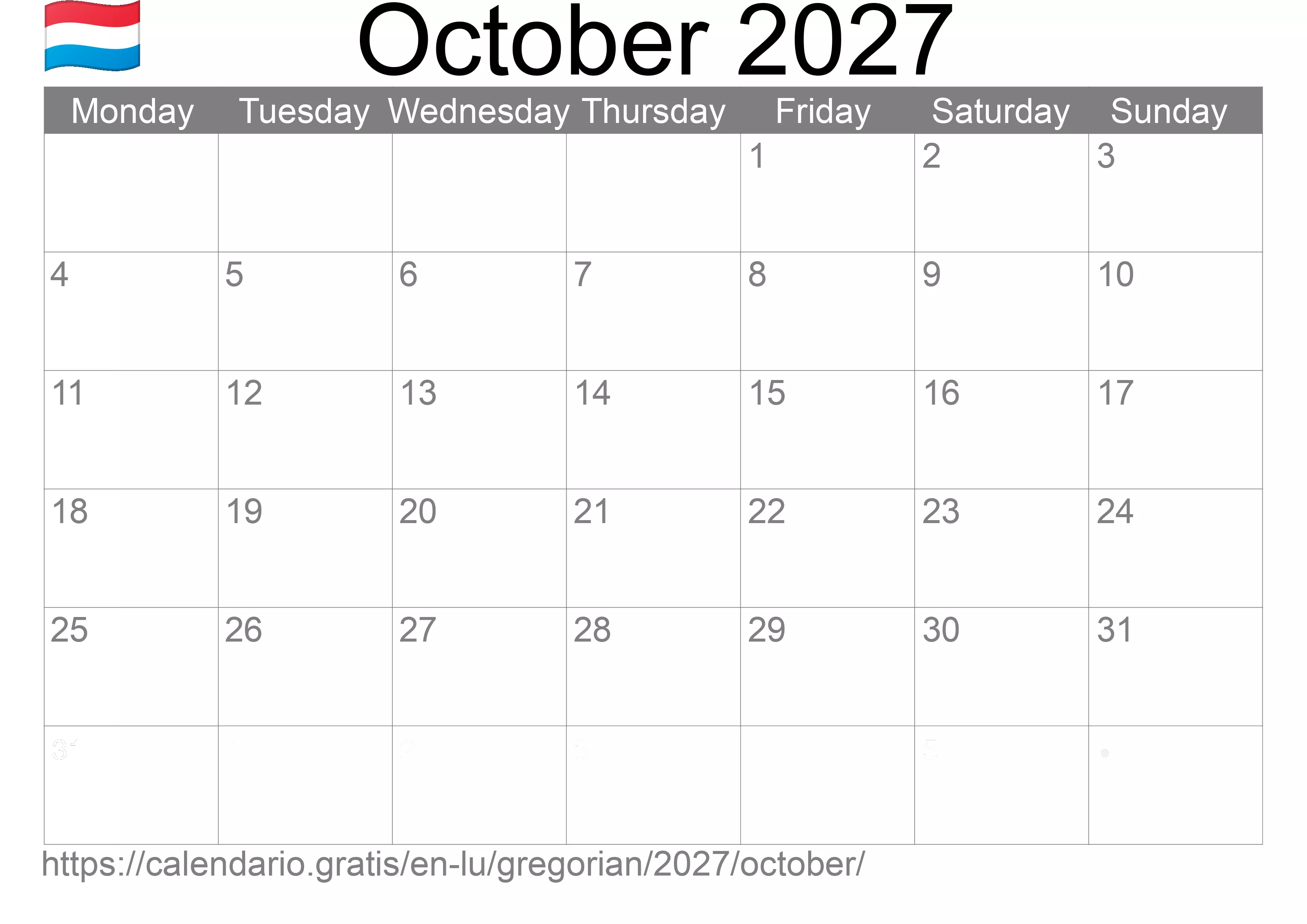 Calendar October 2027 to print (Luxembourg) Calendar October 2027 to print (Luxembourg)