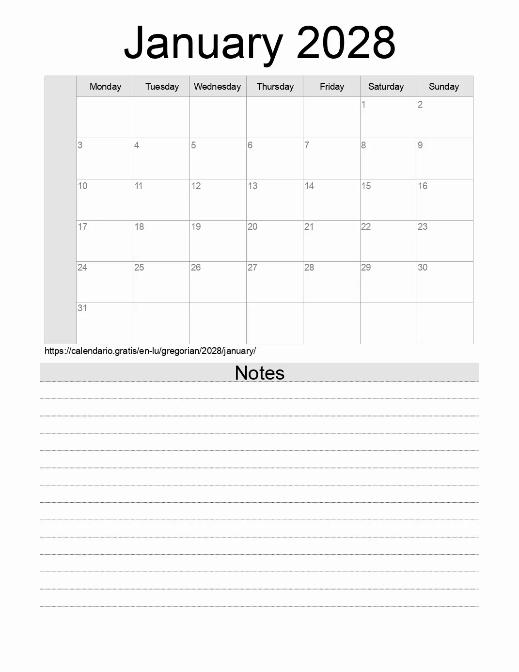 Calendar for printing with notes for 2028 January . (Luxembourg) Calendar for printing with notes for 2028 January . (Luxembourg)