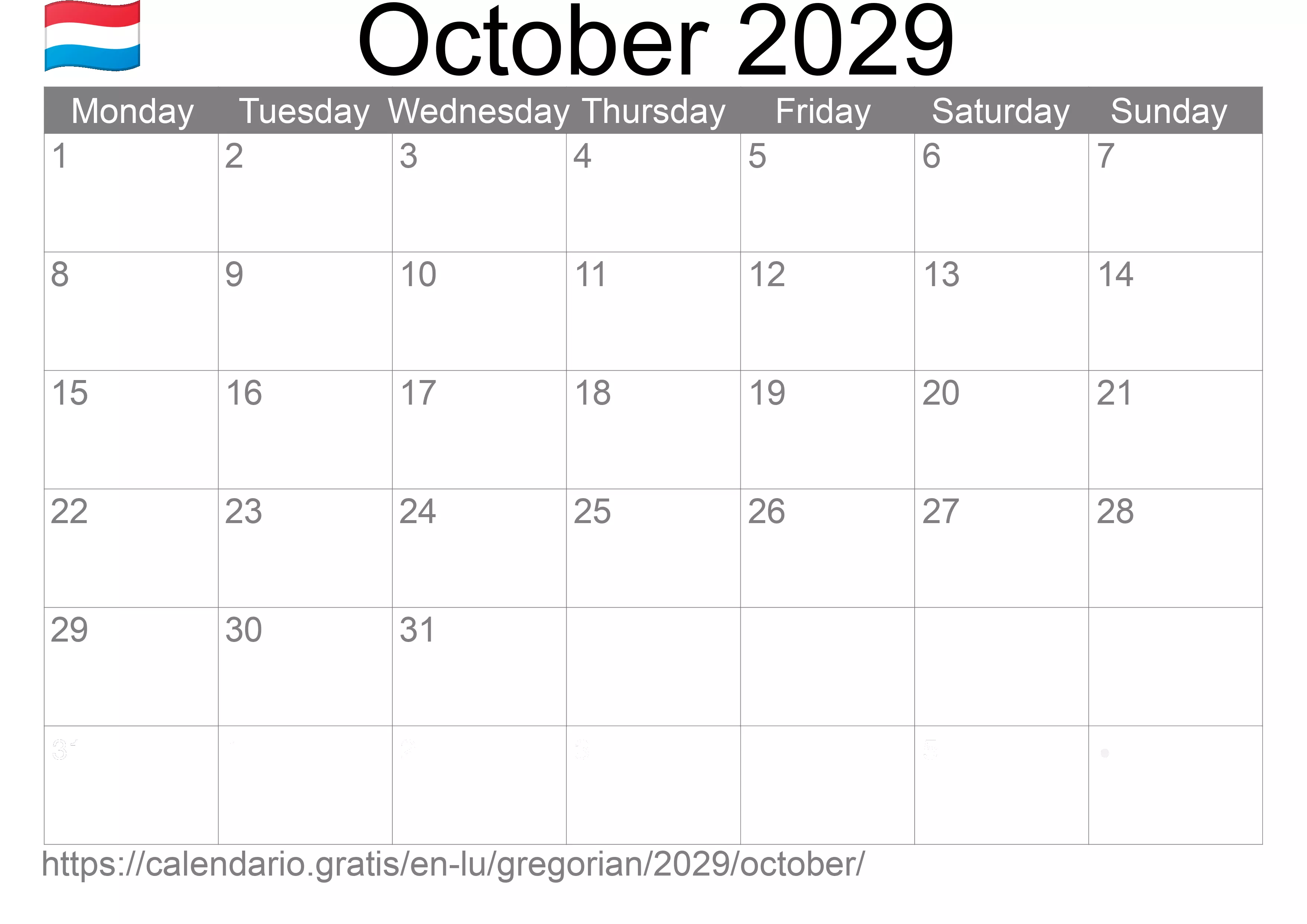 Calendar October 2029 to print (Luxembourg) Calendar October 2029 to print (Luxembourg)