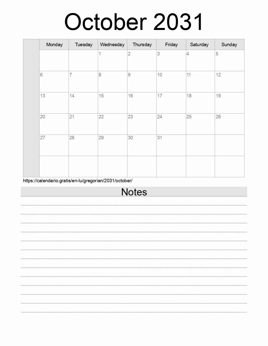 Calendar for printing with notes for 2031 October . (Luxembourg) Calendar for printing with notes for 2031 October . (Luxembourg)