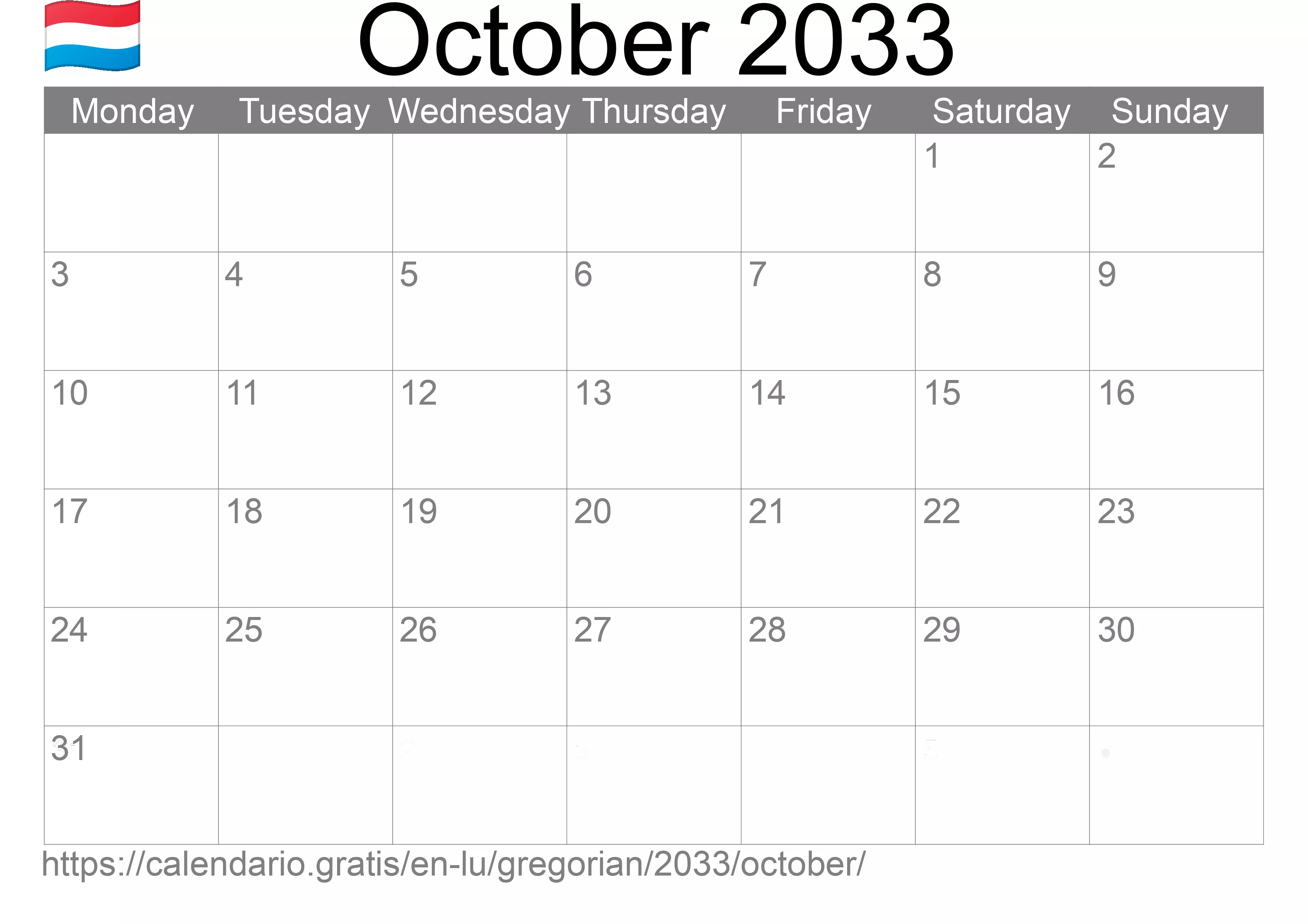 Calendar October 2033 to print (Luxembourg) Calendar October 2033 to print (Luxembourg)