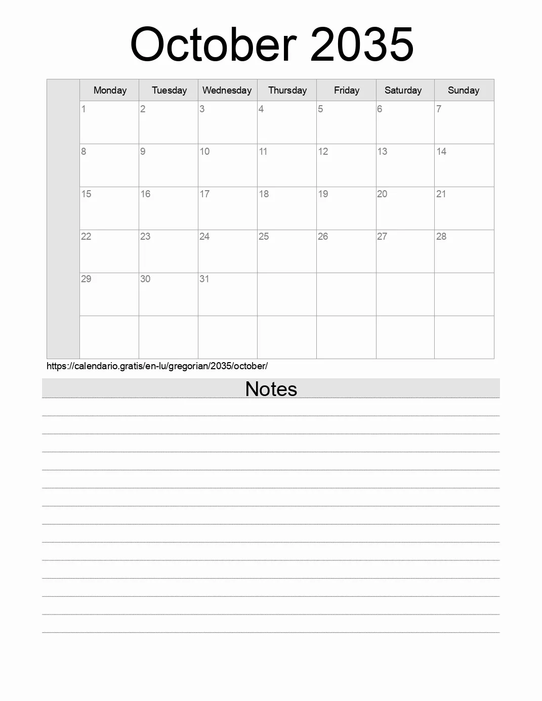 Calendar for printing with notes for 2035 October . (Luxembourg) Calendar for printing with notes for 2035 October . (Luxembourg)