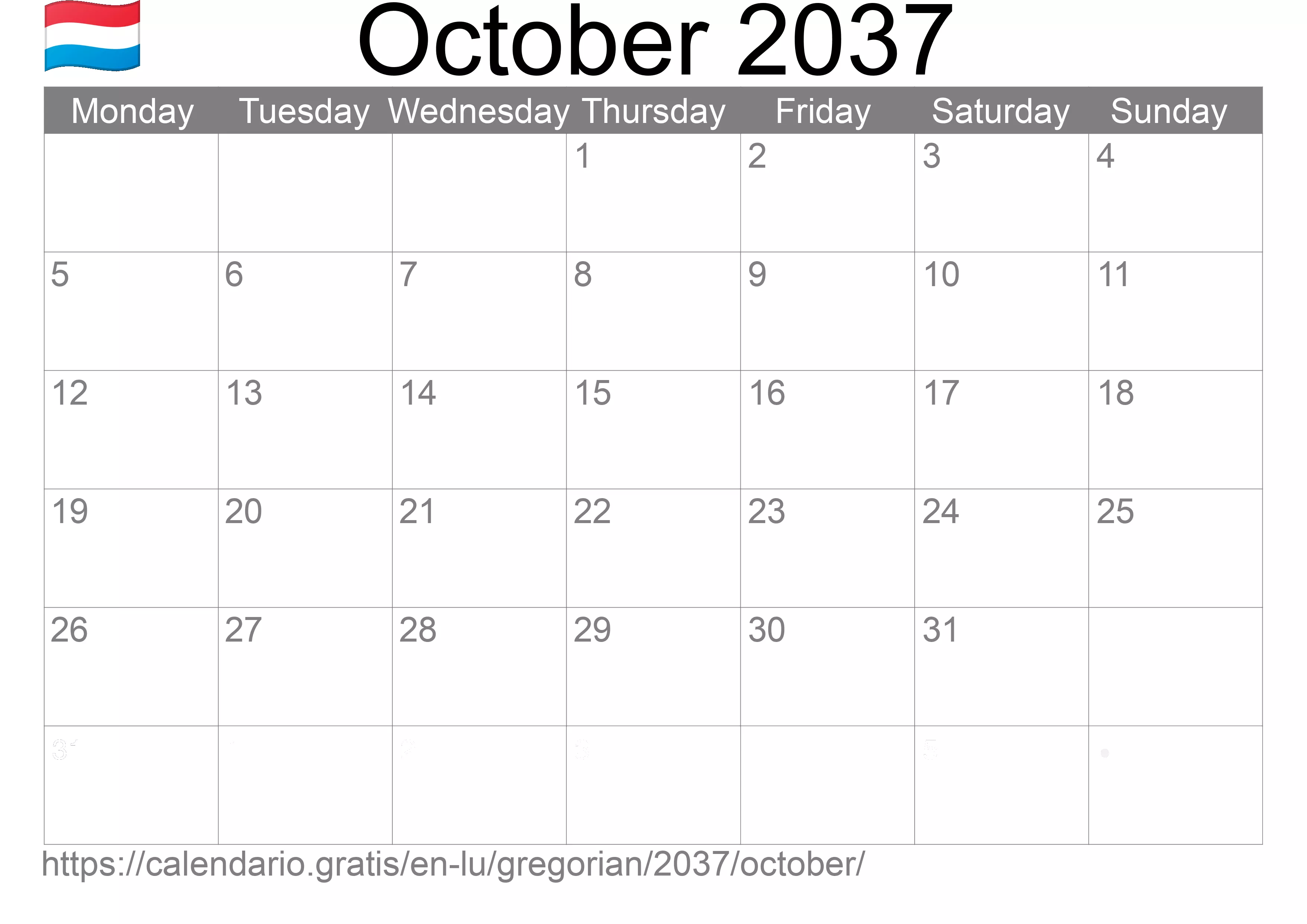 Calendar October 2037 to print (Luxembourg) Calendar October 2037 to print (Luxembourg)