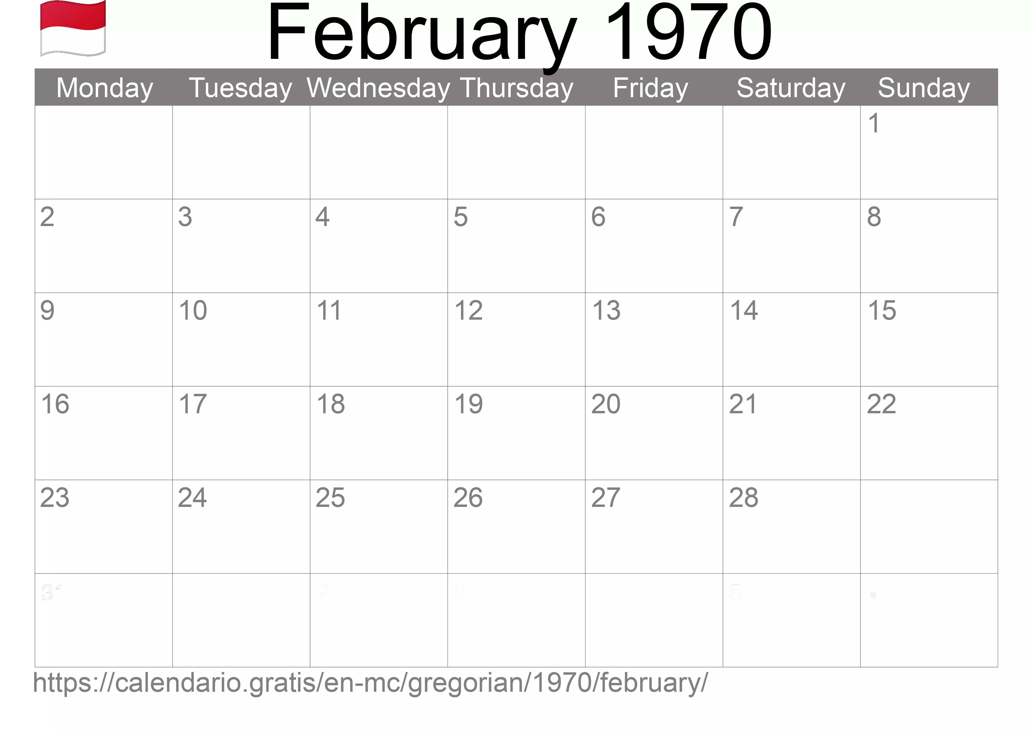 Calendar February 1970 to print (Monaco) Calendar February 1970 to print (Monaco)
