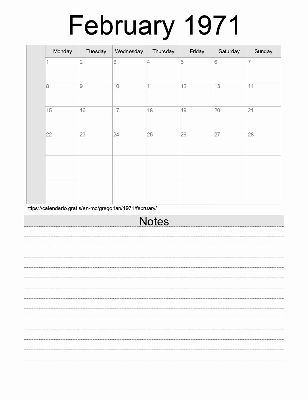 Calendar for printing with notes for 1971 February . (Monaco) Calendar for printing with notes for 1971 February . (Monaco)