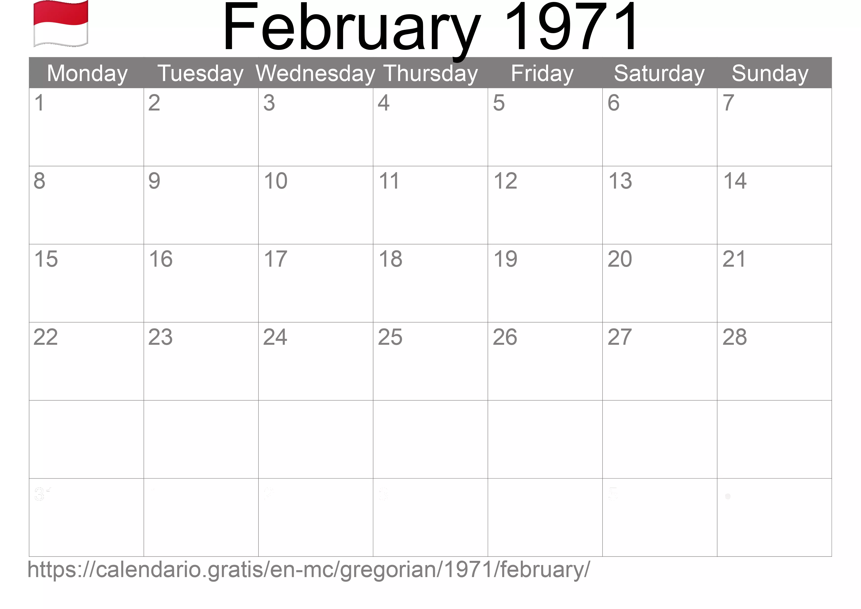 Calendar February 1971 to print (Monaco) Calendar February 1971 to print (Monaco)