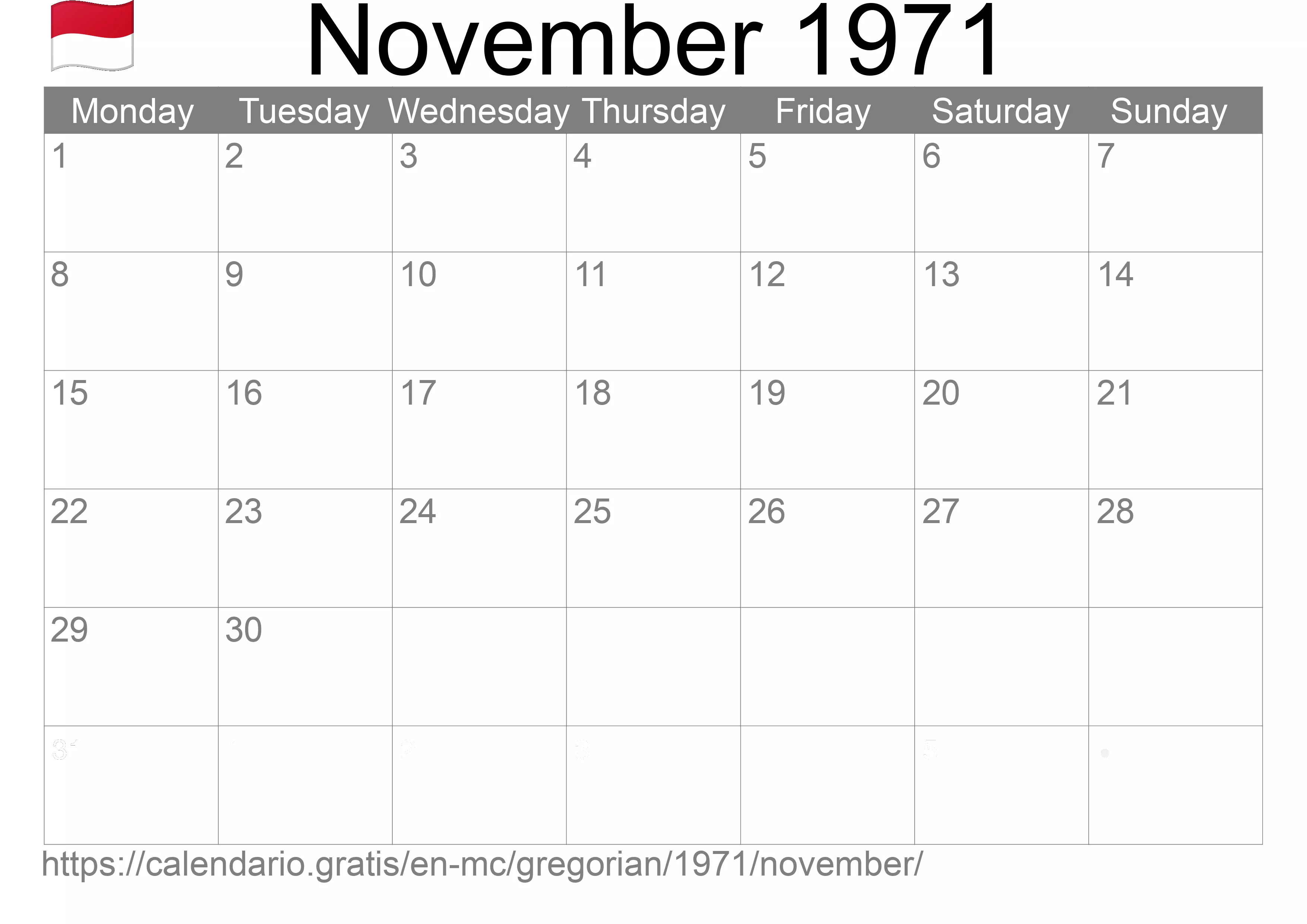 Calendar November 1971 to print (Monaco)