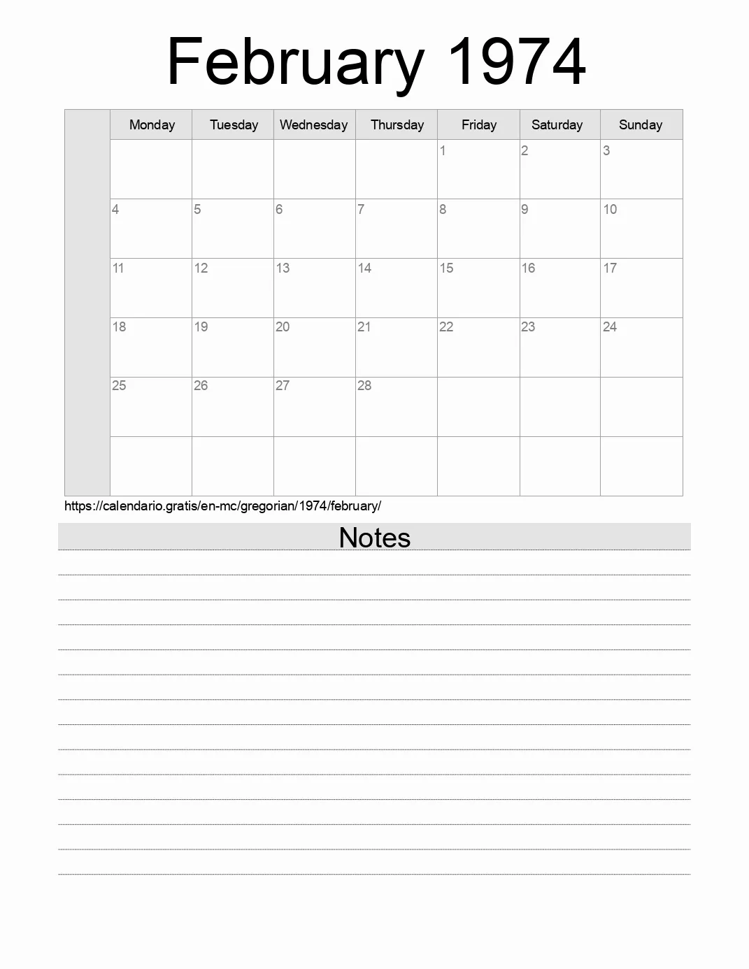 Calendar for printing with notes for 1974 February . (Monaco) Calendar for printing with notes for 1974 February . (Monaco)