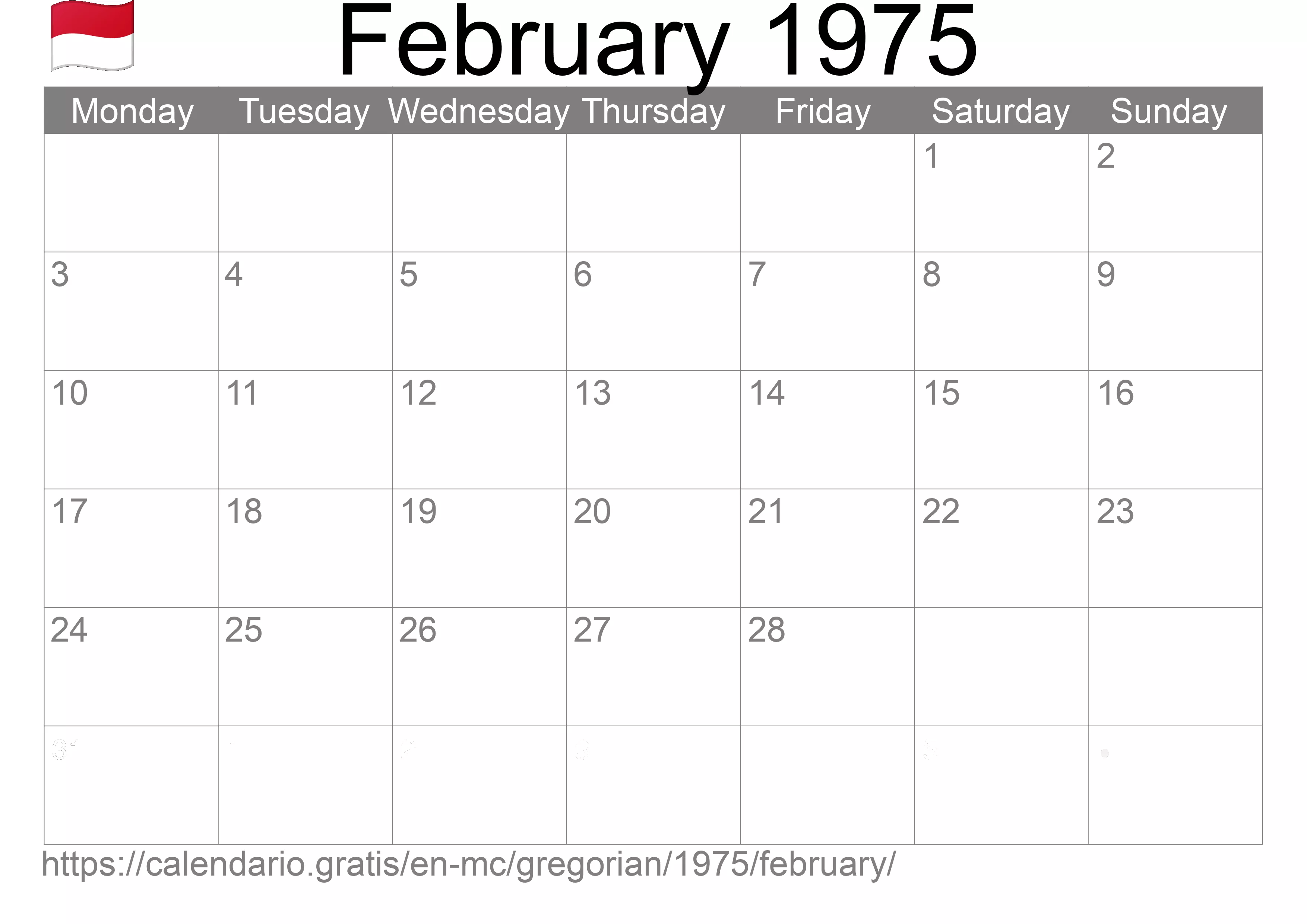 Calendar February 1975 to print (Monaco) Calendar February 1975 to print (Monaco)