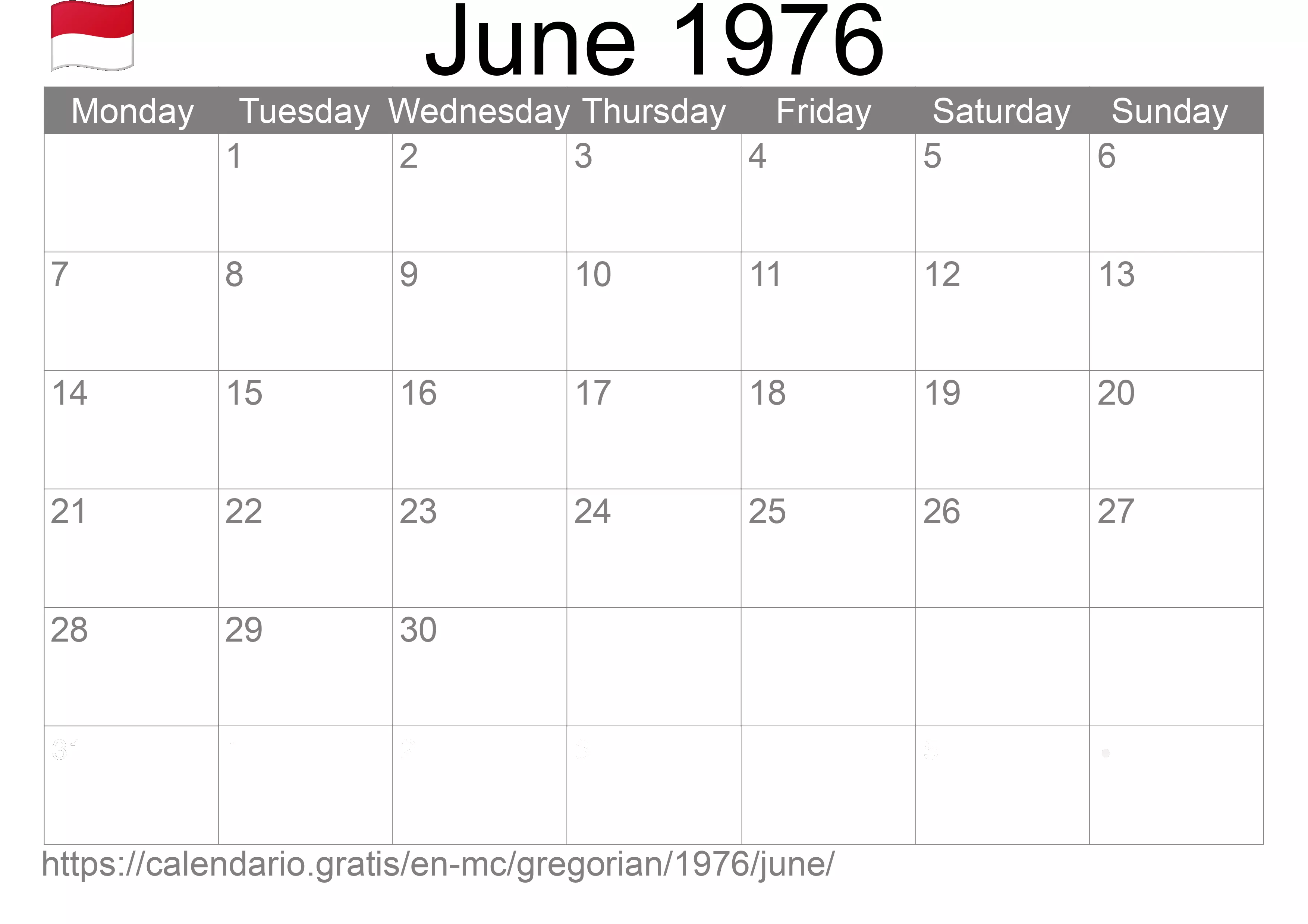 Calendar June 1976 to print (Monaco) Calendar June 1976 to print (Monaco)