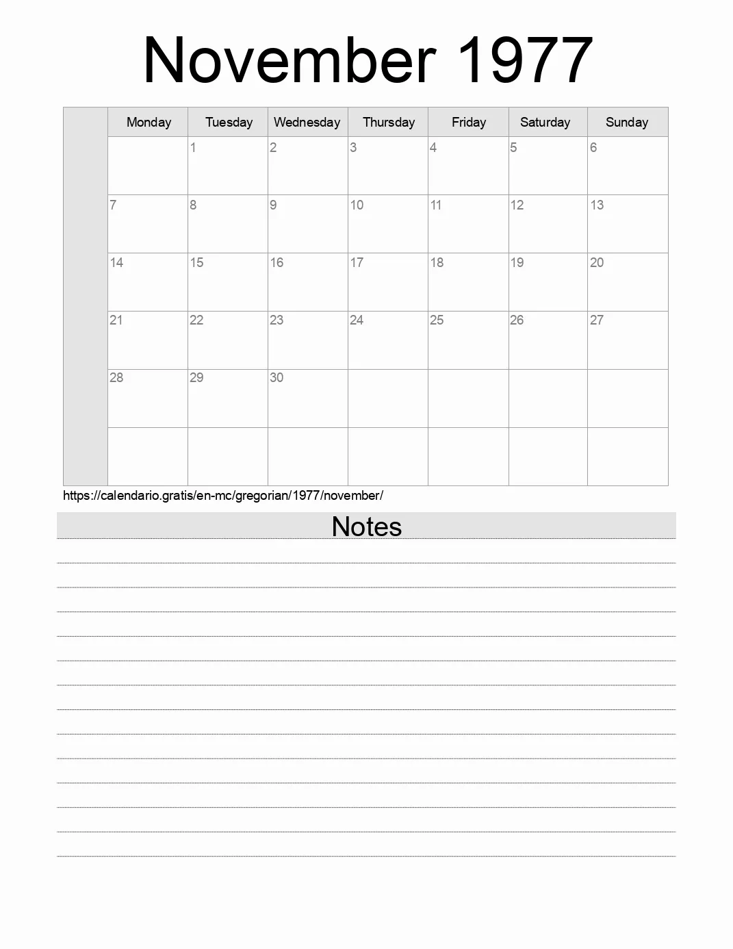 Calendar for printing with notes for 1977 November . (Monaco)