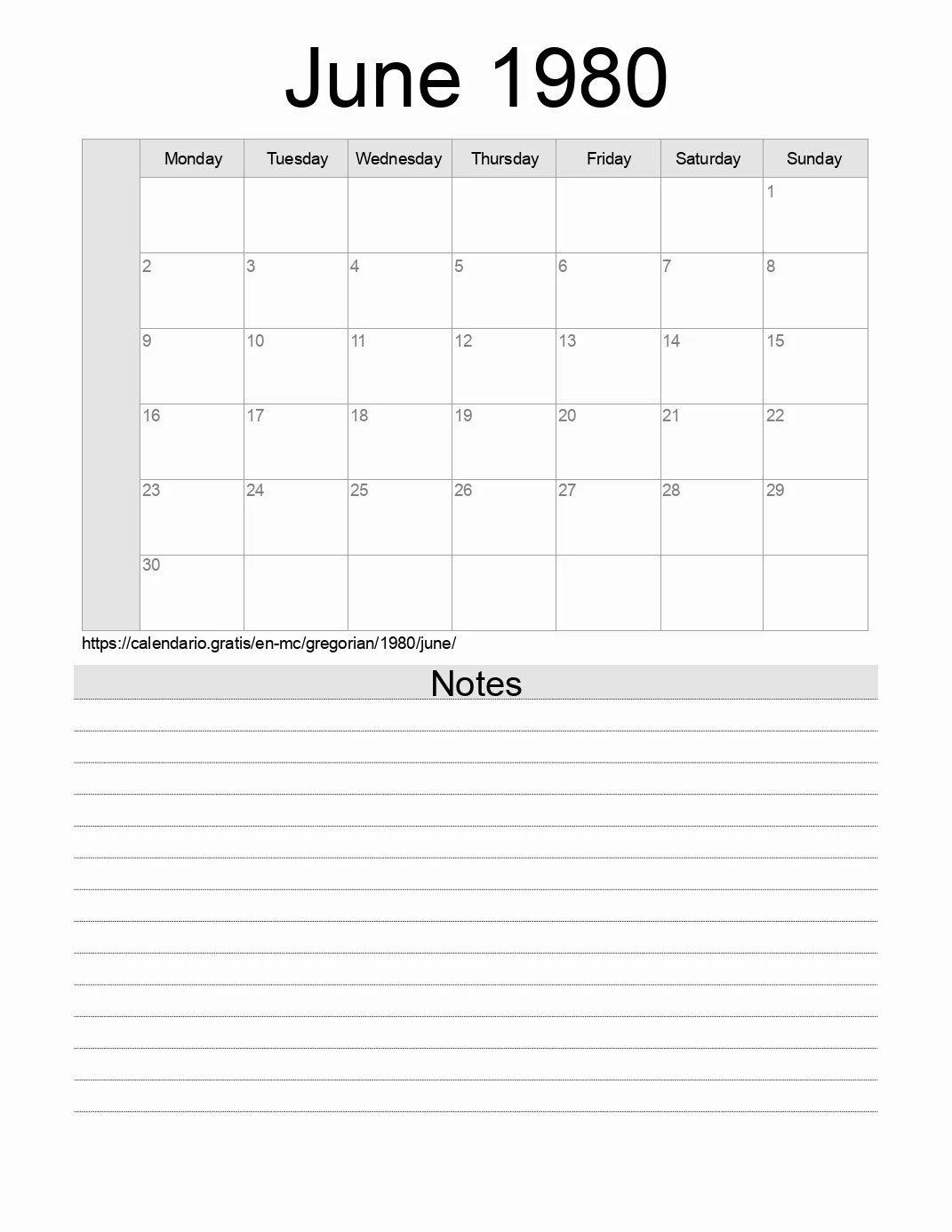 Calendar for printing with notes for 1980 June . (Monaco) Calendar for printing with notes for 1980 June . (Monaco)