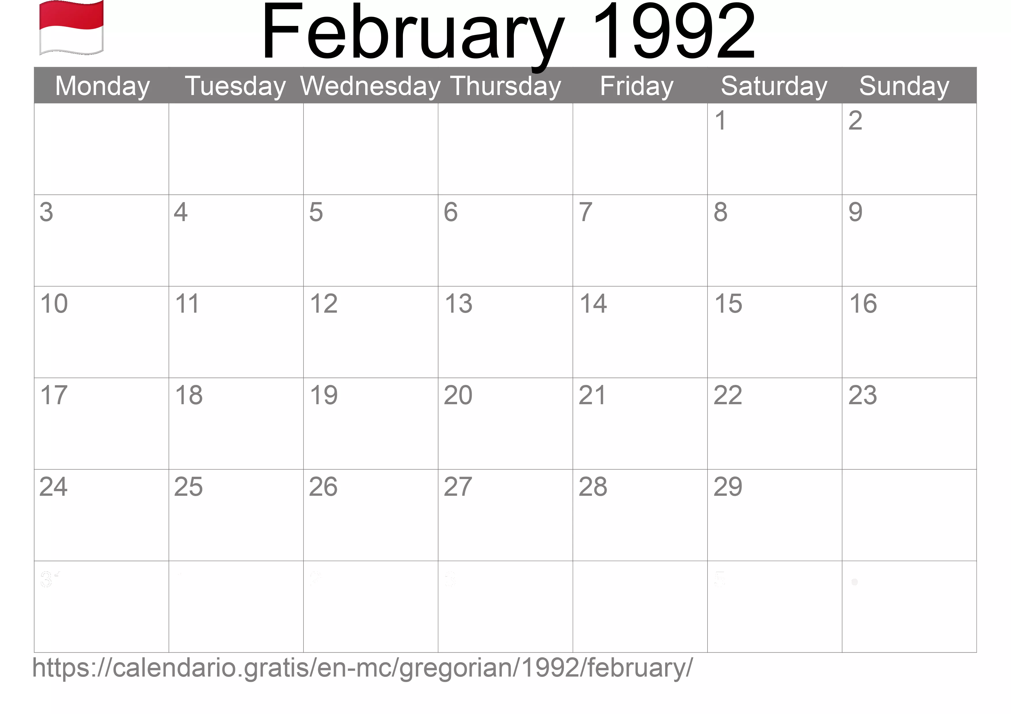 Calendar February 1992 to print (Monaco) Calendar February 1992 to print (Monaco)