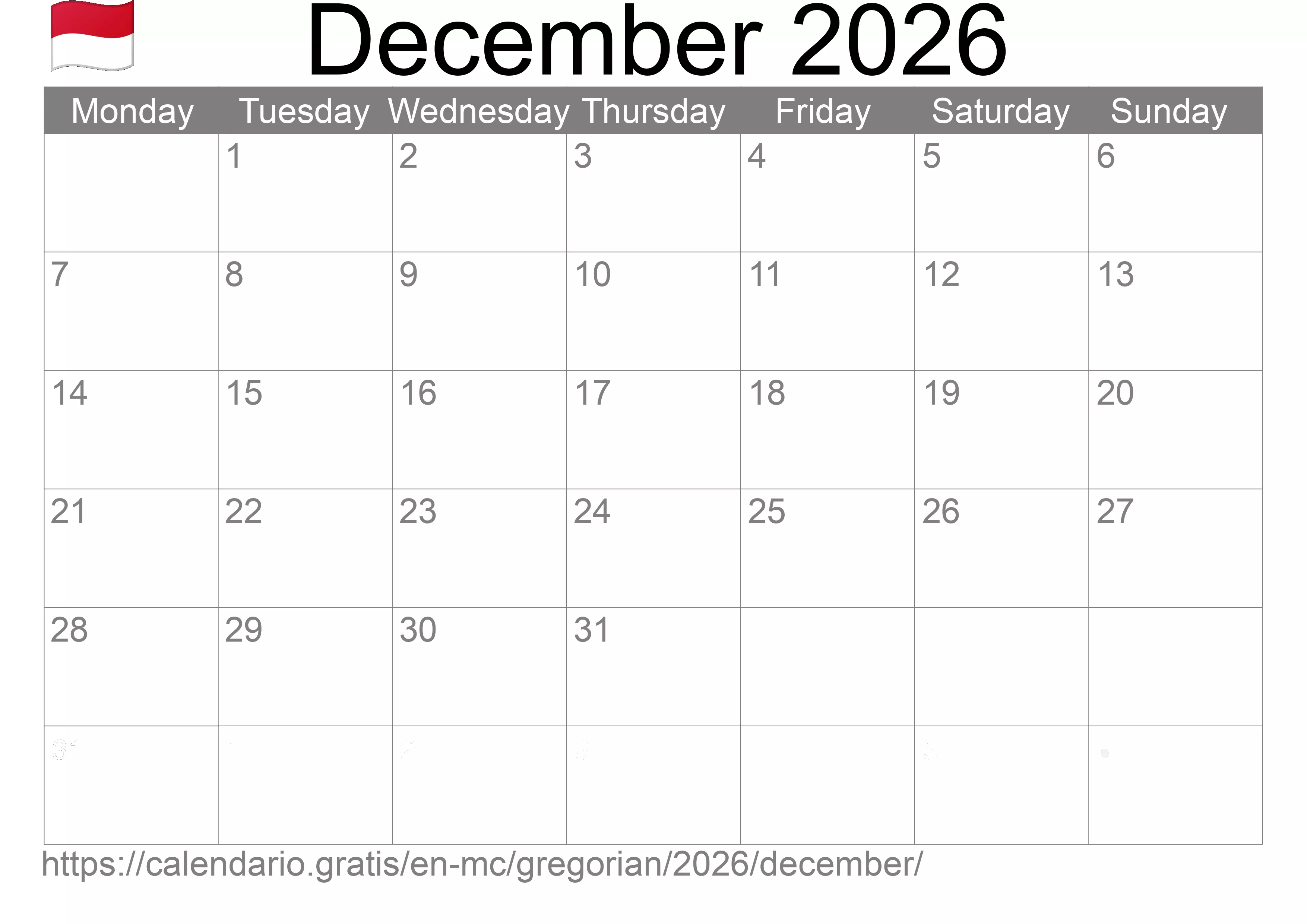 Calendar December 2026 to print (Monaco)