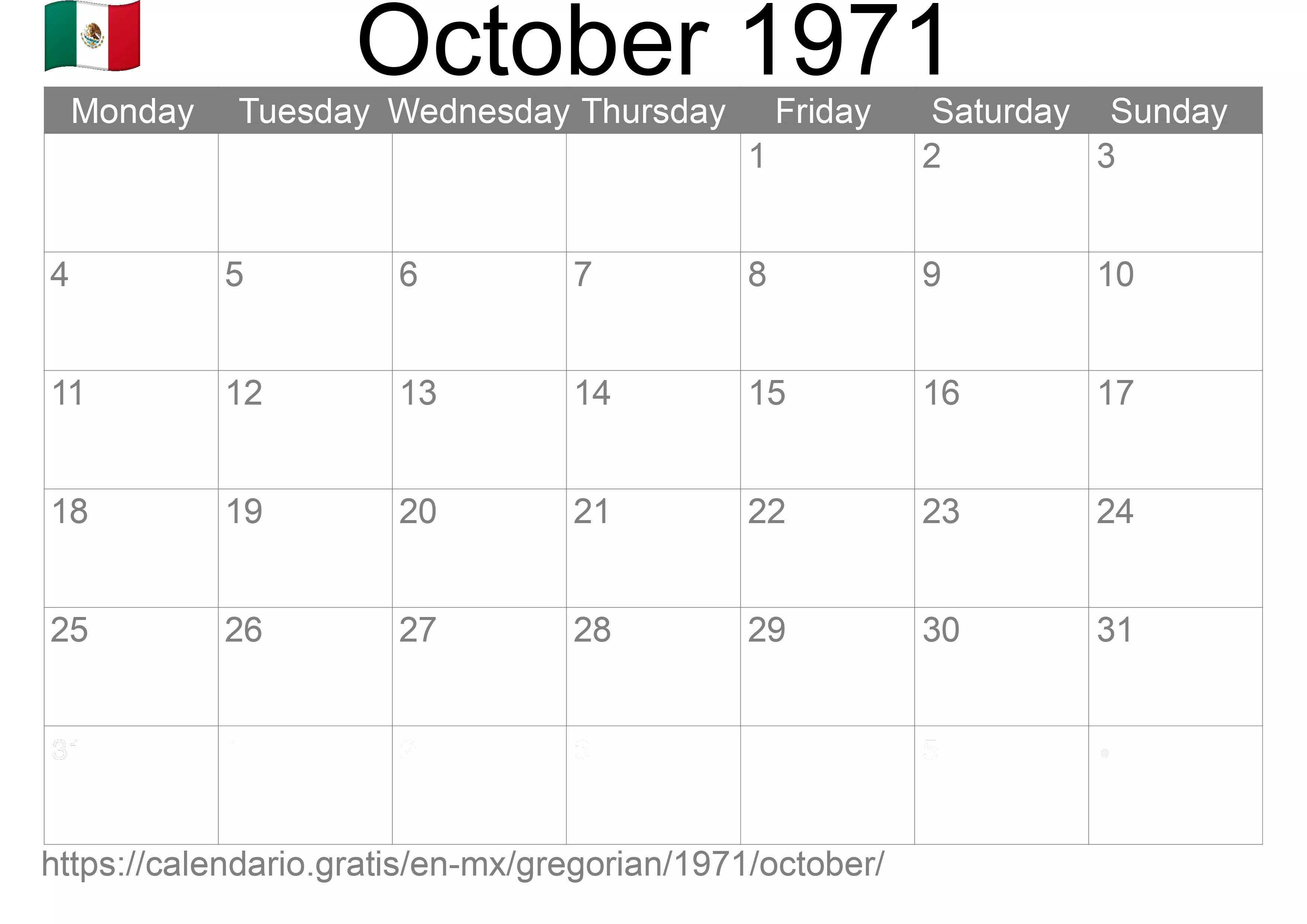Calendar October 1971 to print (Mexico) Calendar October 1971 to print (Mexico)