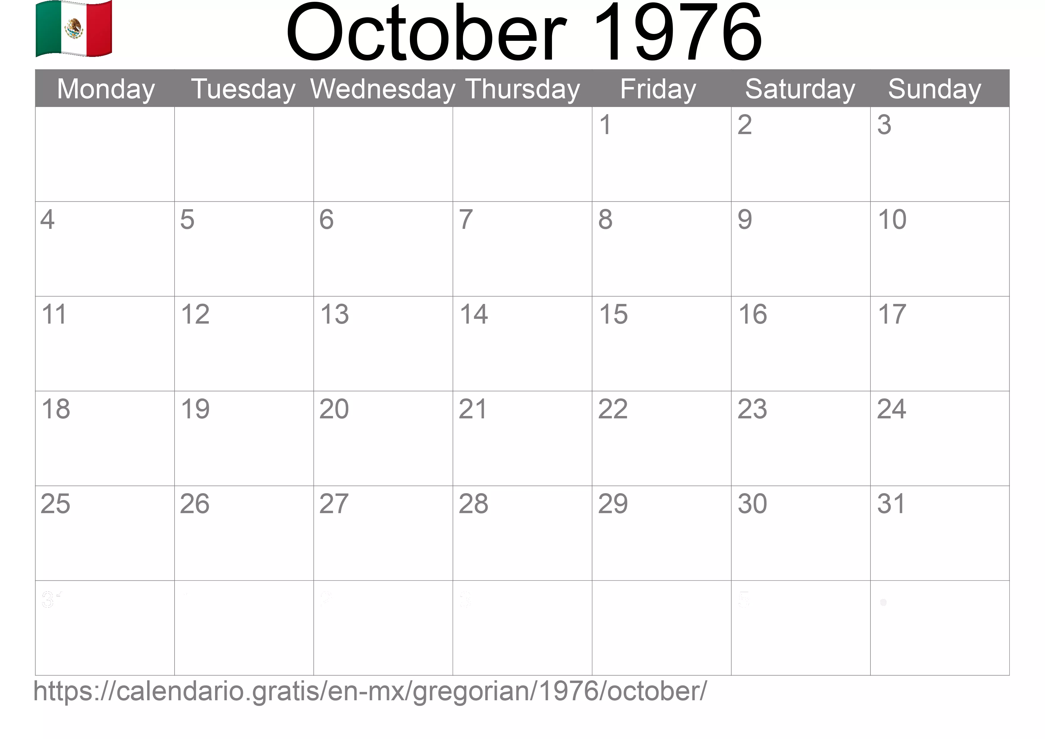 Calendar October 1976 to print (Mexico) Calendar October 1976 to print (Mexico)