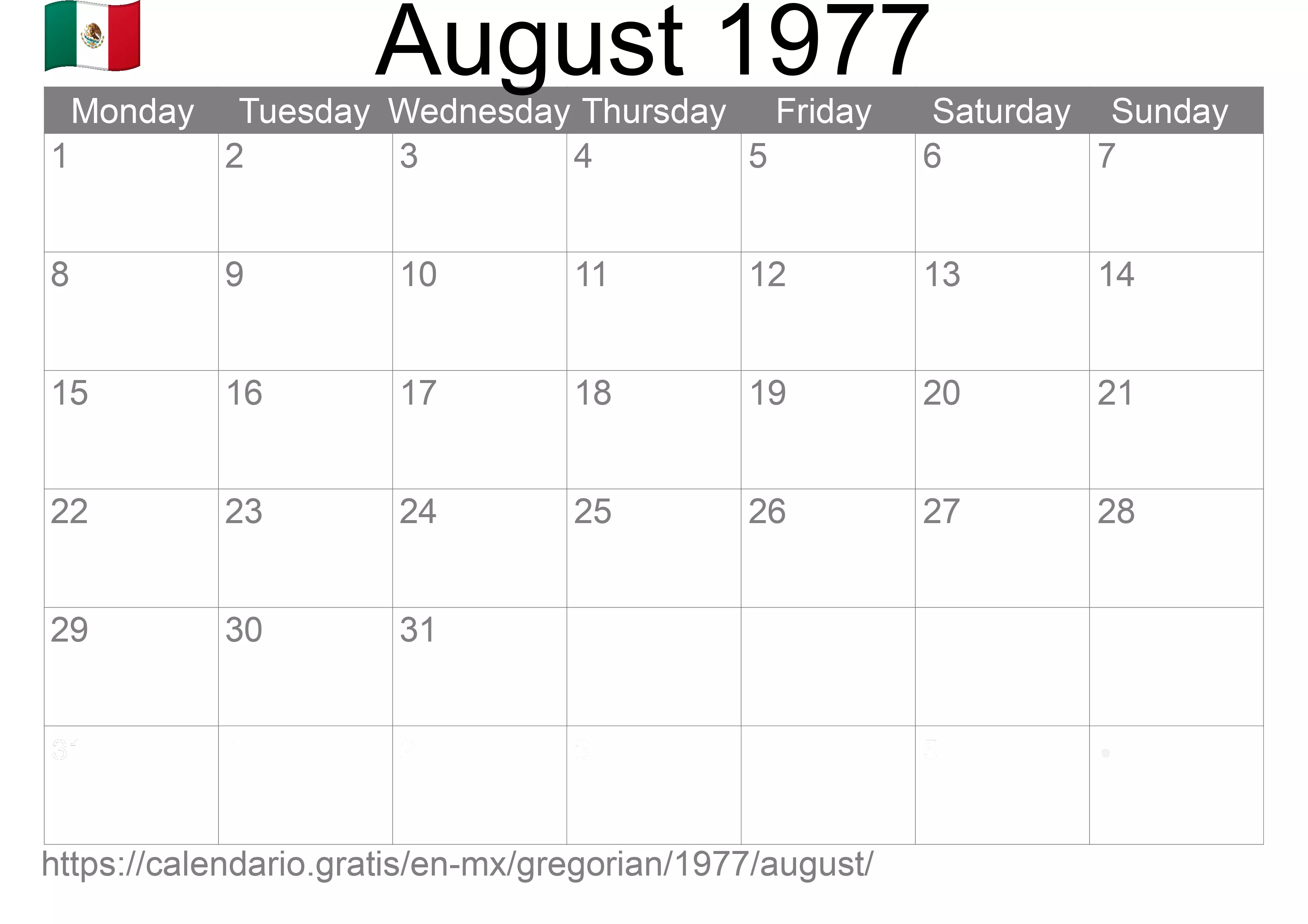 Calendar August 1977 to print (Mexico) Calendar August 1977 to print (Mexico)
