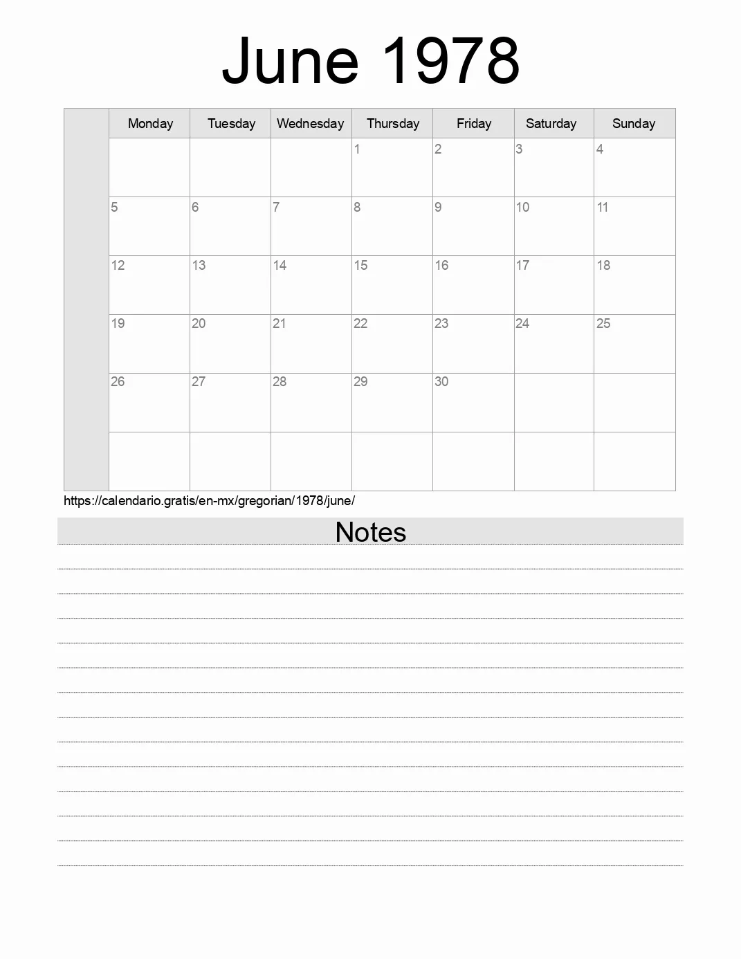 Calendar for printing with notes for 1978 June . (Mexico) Calendar for printing with notes for 1978 June . (Mexico)