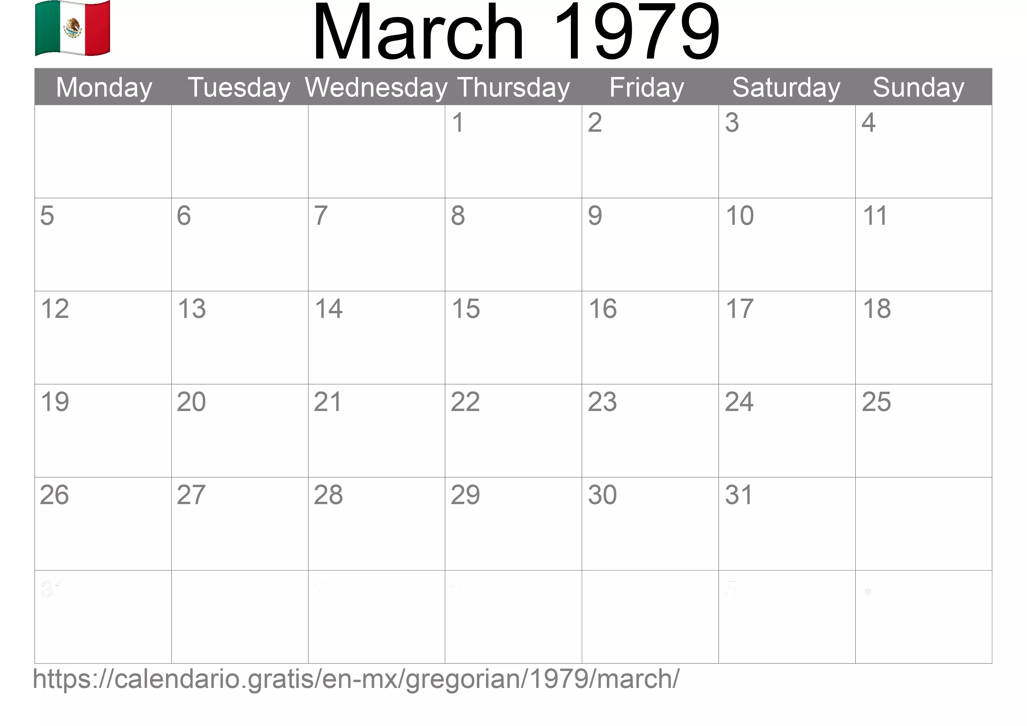 Calendar March 1979 to print (Mexico) Calendar March 1979 to print (Mexico)