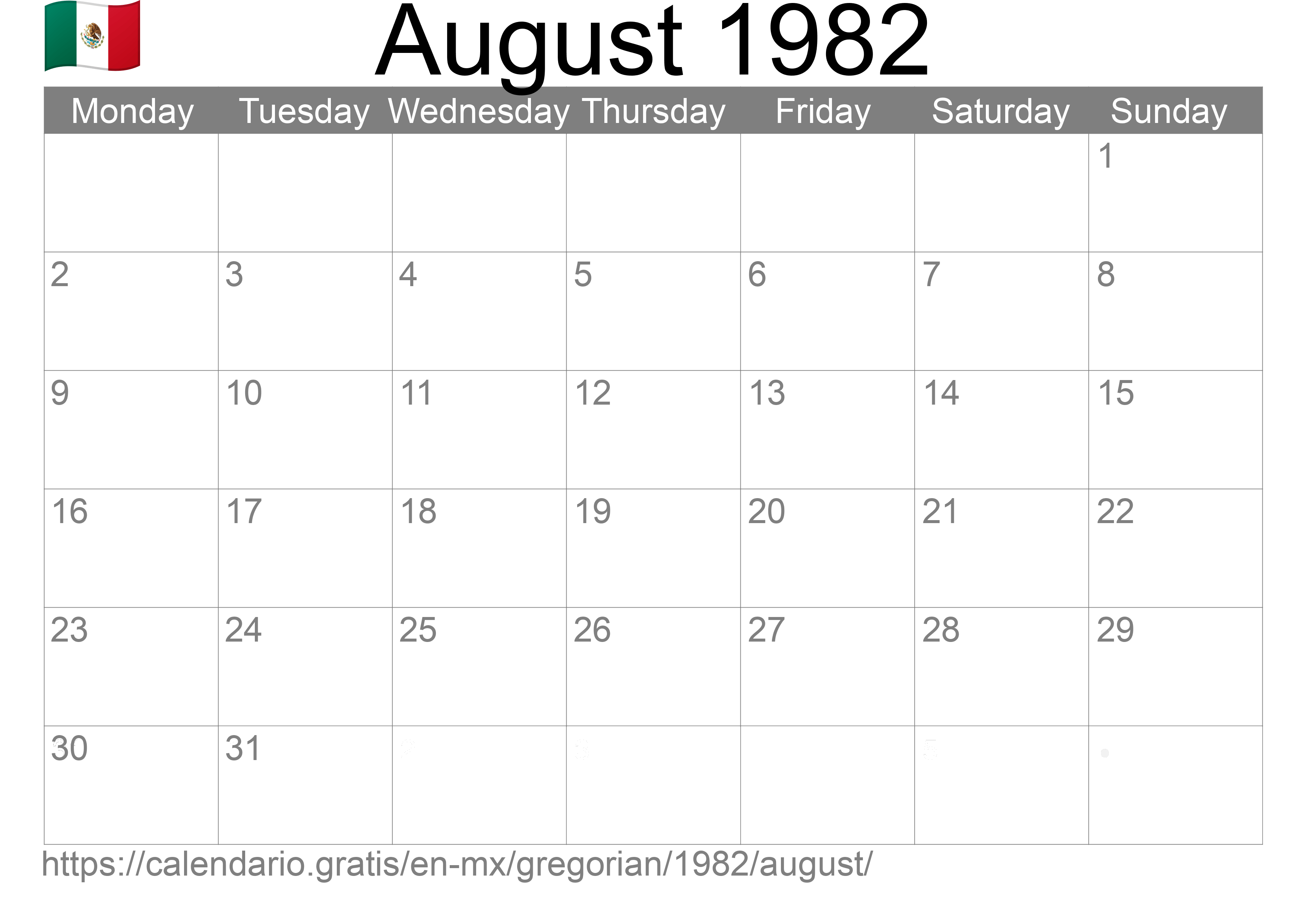 Calendar August 1982 to print