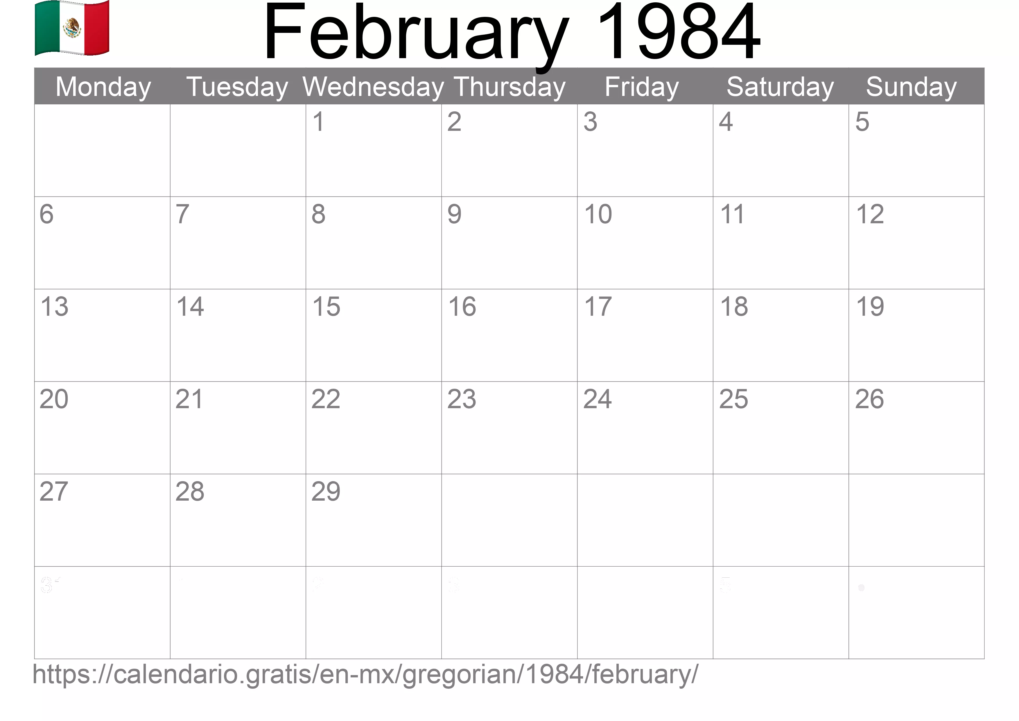 Calendar February 1984 to print (Mexico) Calendar February 1984 to print (Mexico)