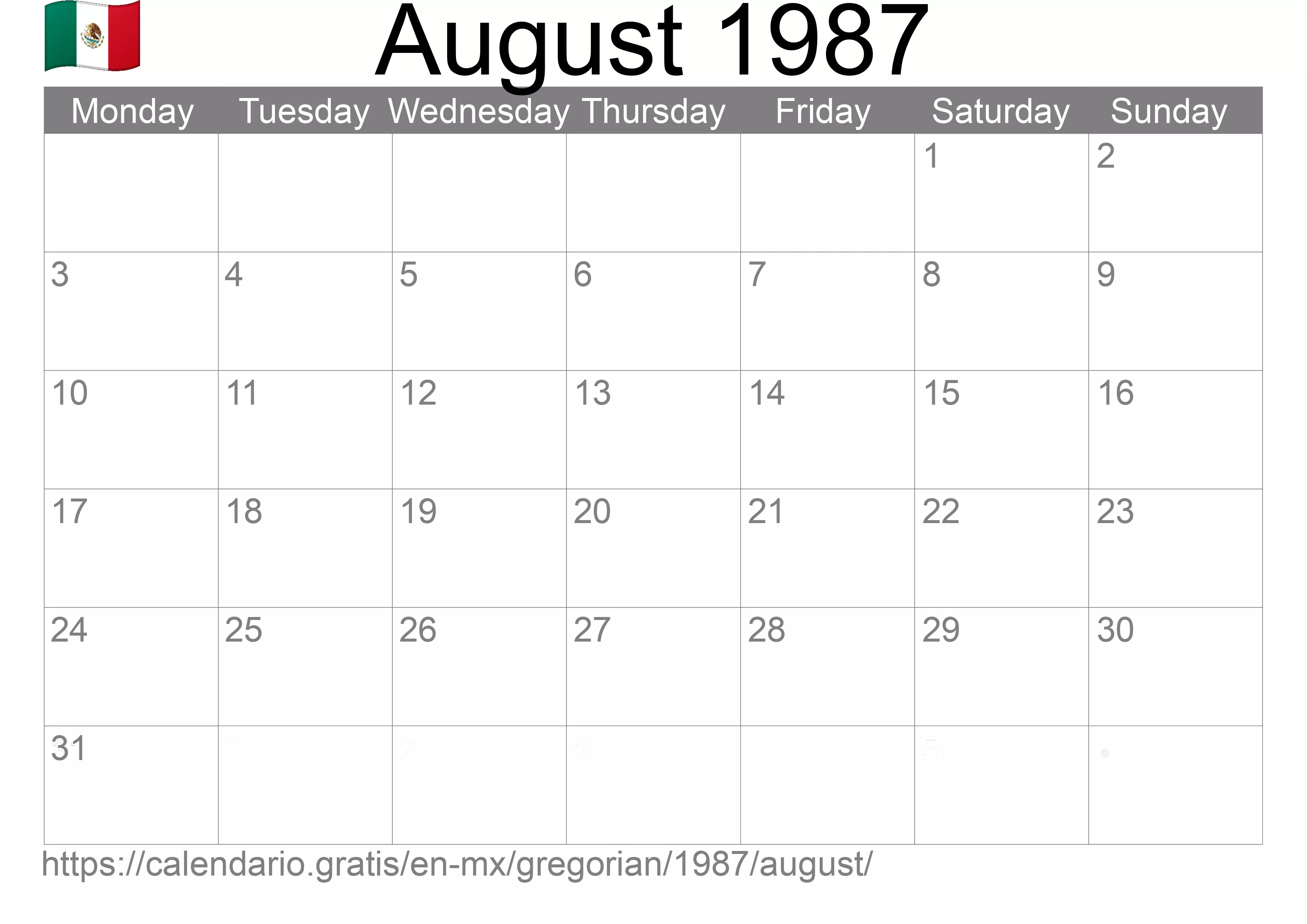 Calendar August 1987 to print (Mexico) Calendar August 1987 to print (Mexico)