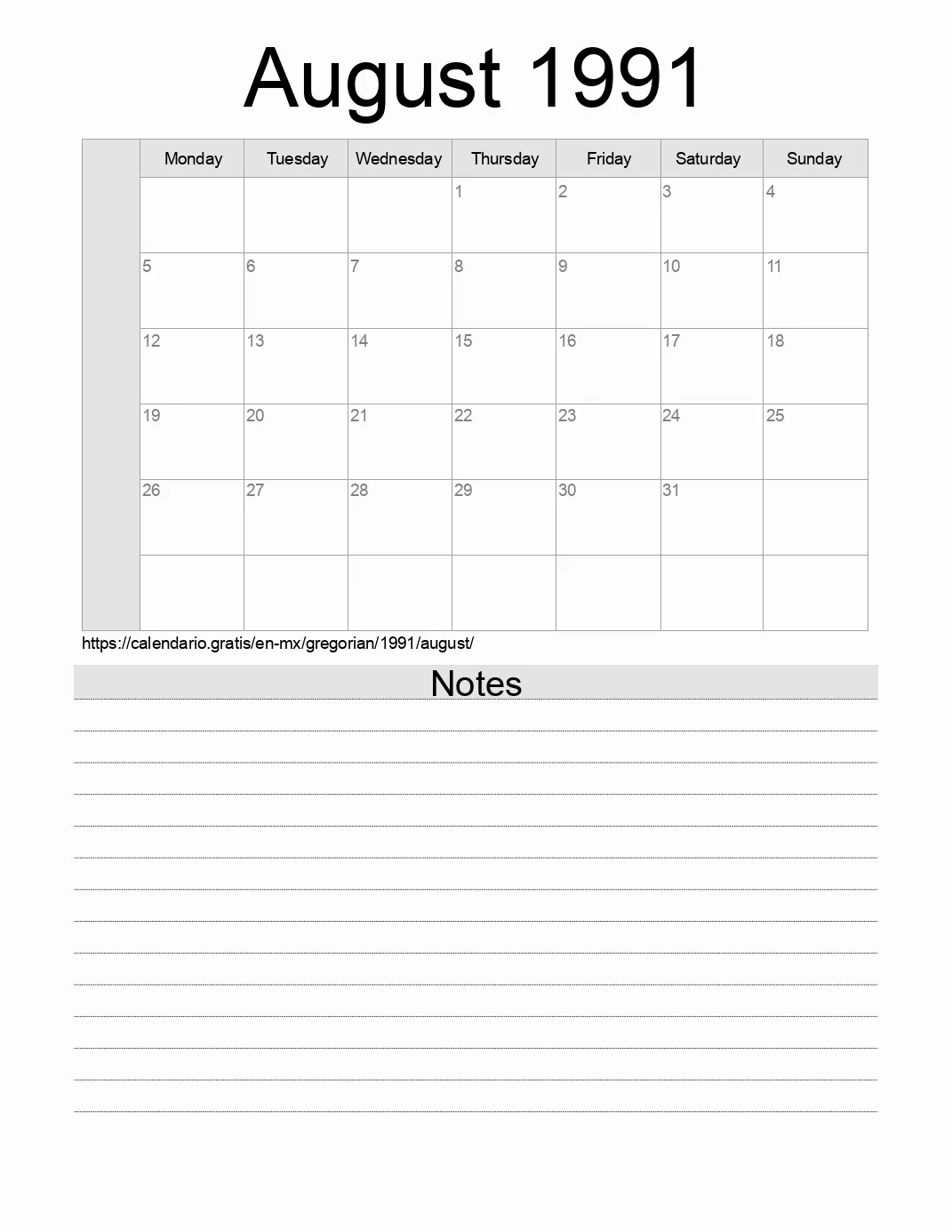 Calendar for printing with notes for 1991 August . (Mexico) Calendar for printing with notes for 1991 August . (Mexico)