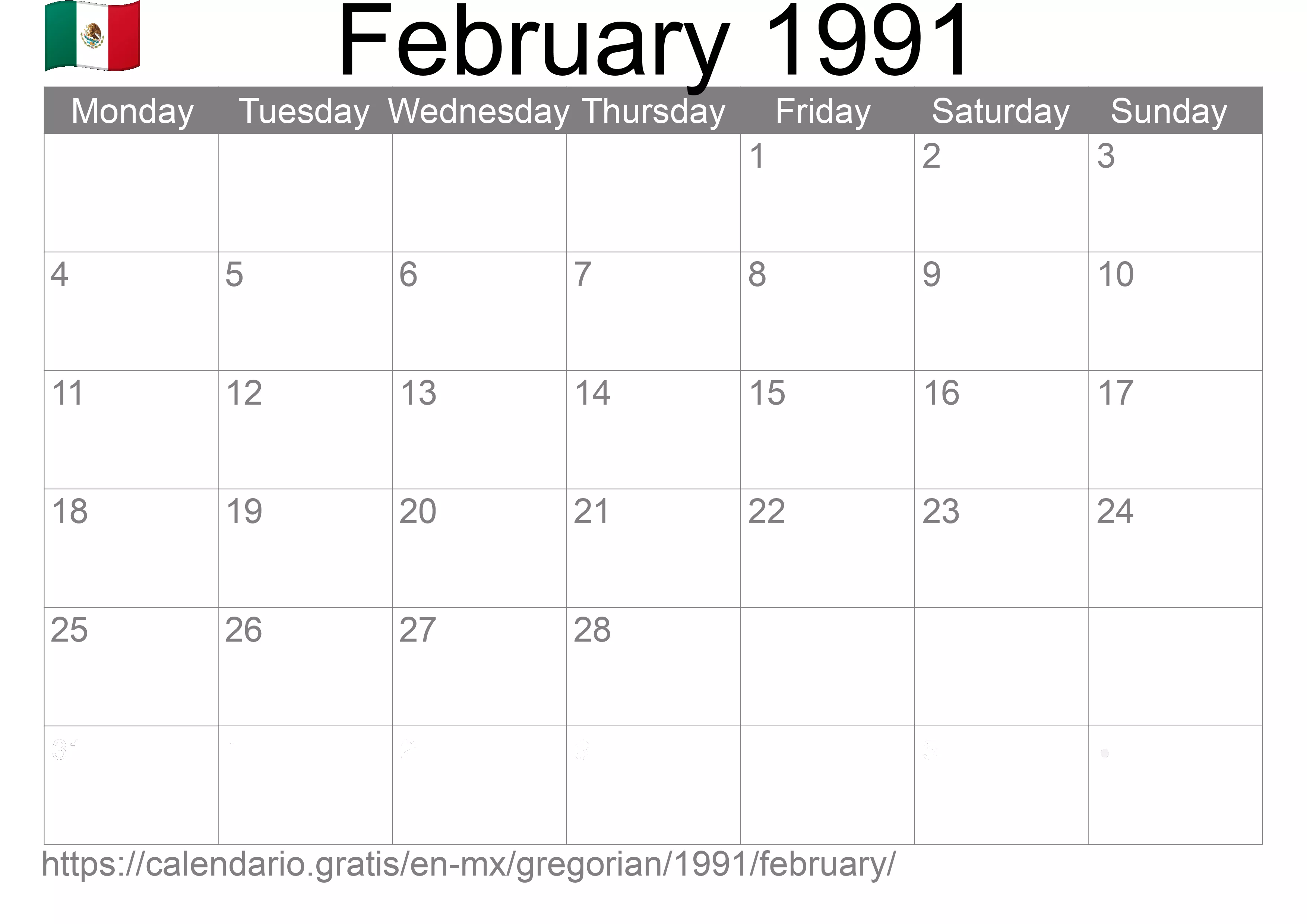 Calendar February 1991 to print (Mexico) Calendar February 1991 to print (Mexico)