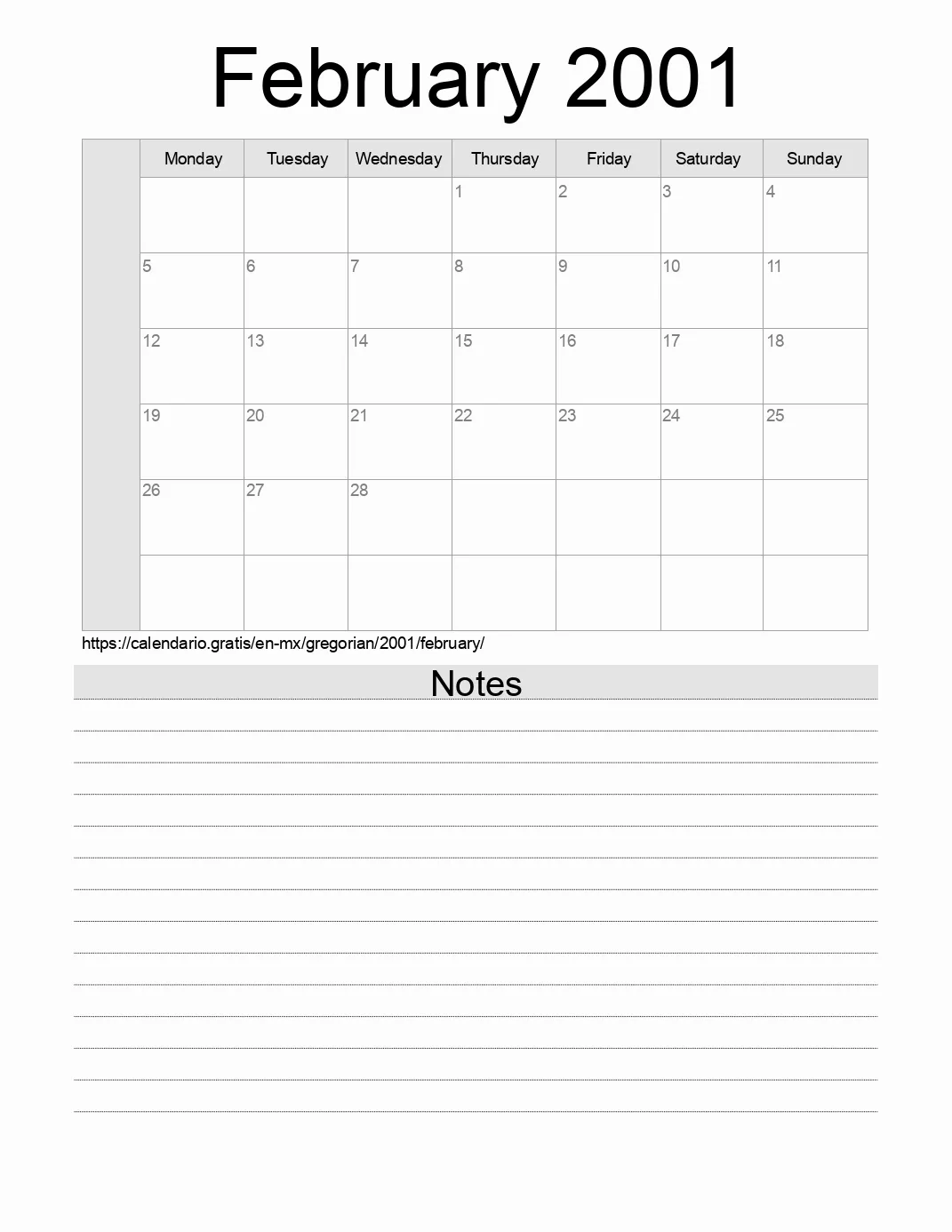 Calendar for printing with notes for 2001 February . (Mexico)