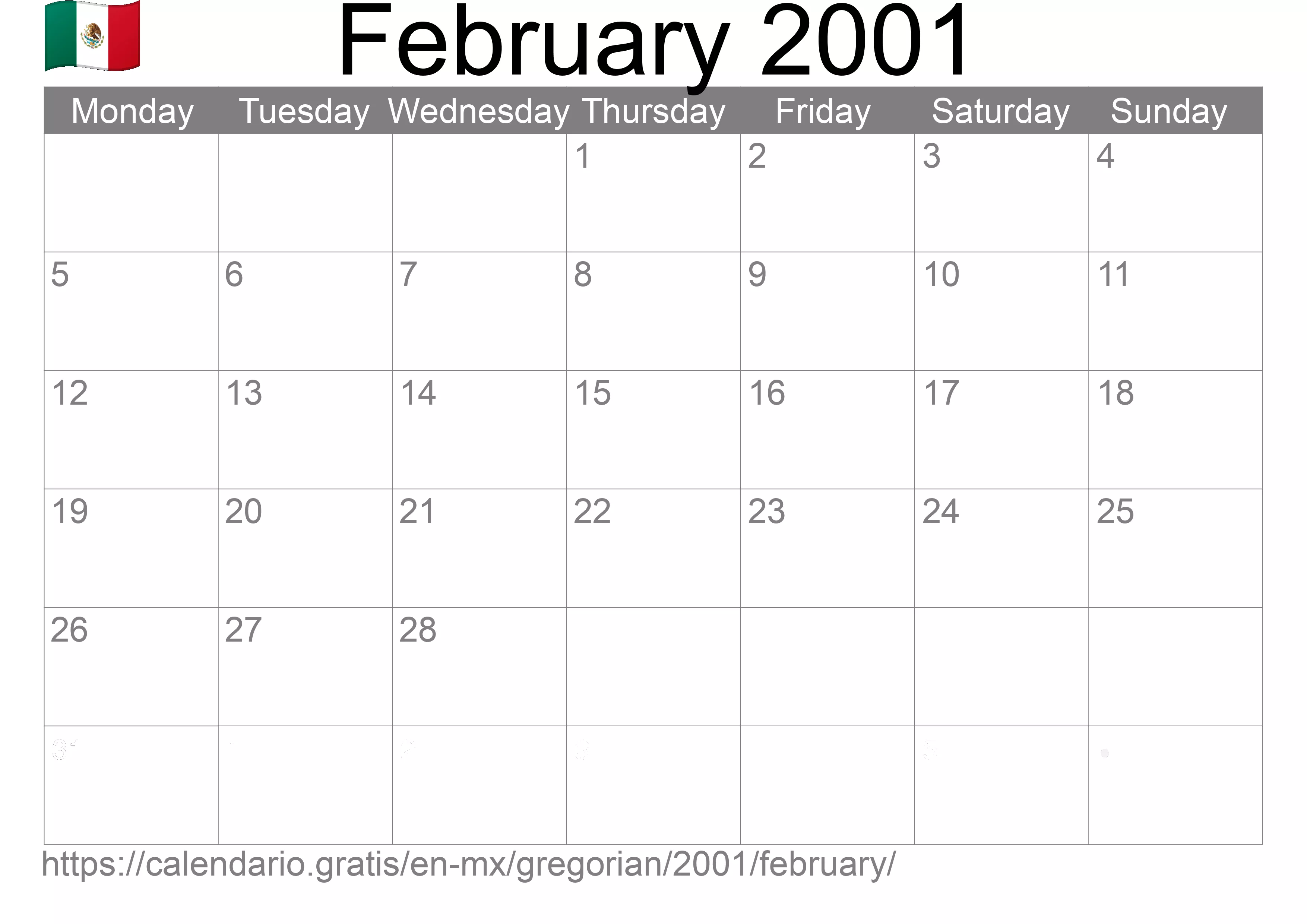 Calendar February 2001 to print (Mexico)