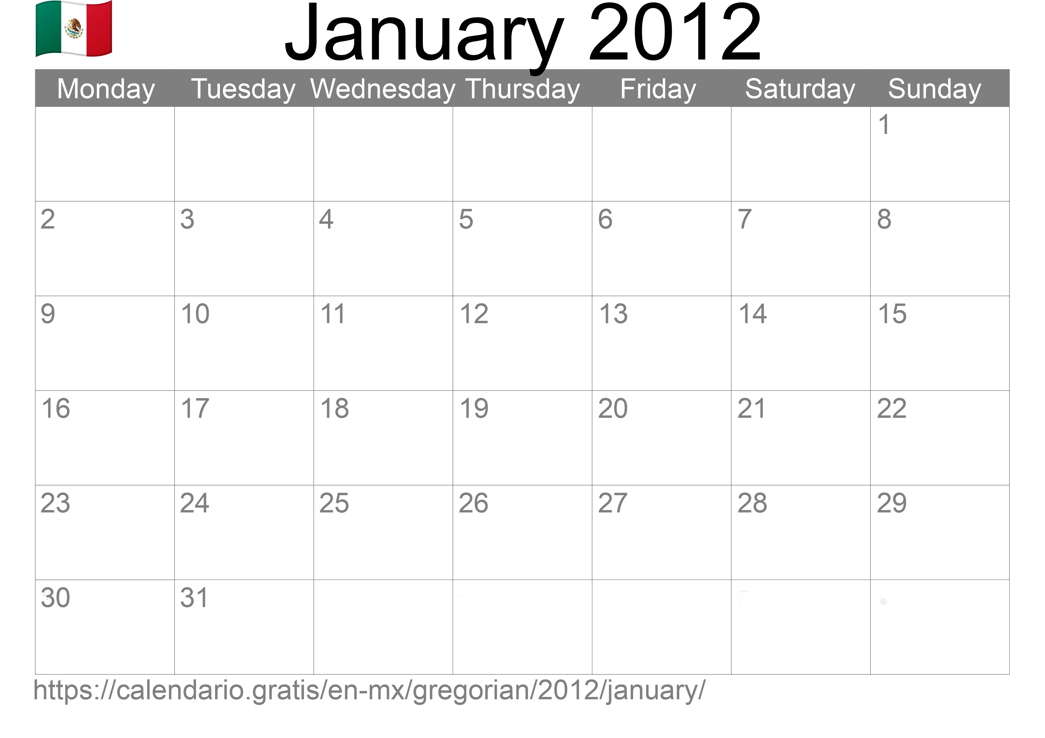 Calendar January 2012 to print