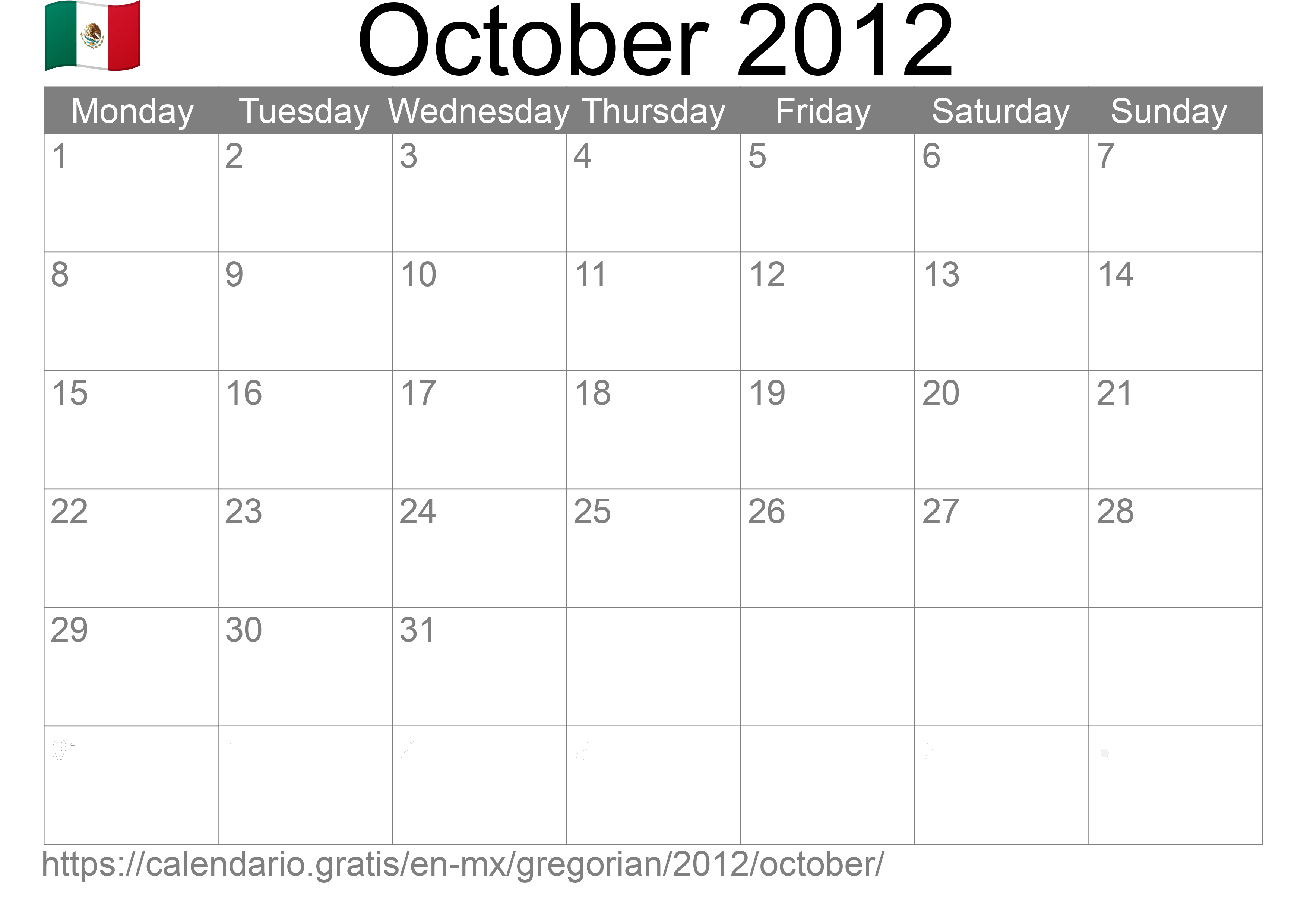 Calendar October 2012 to print