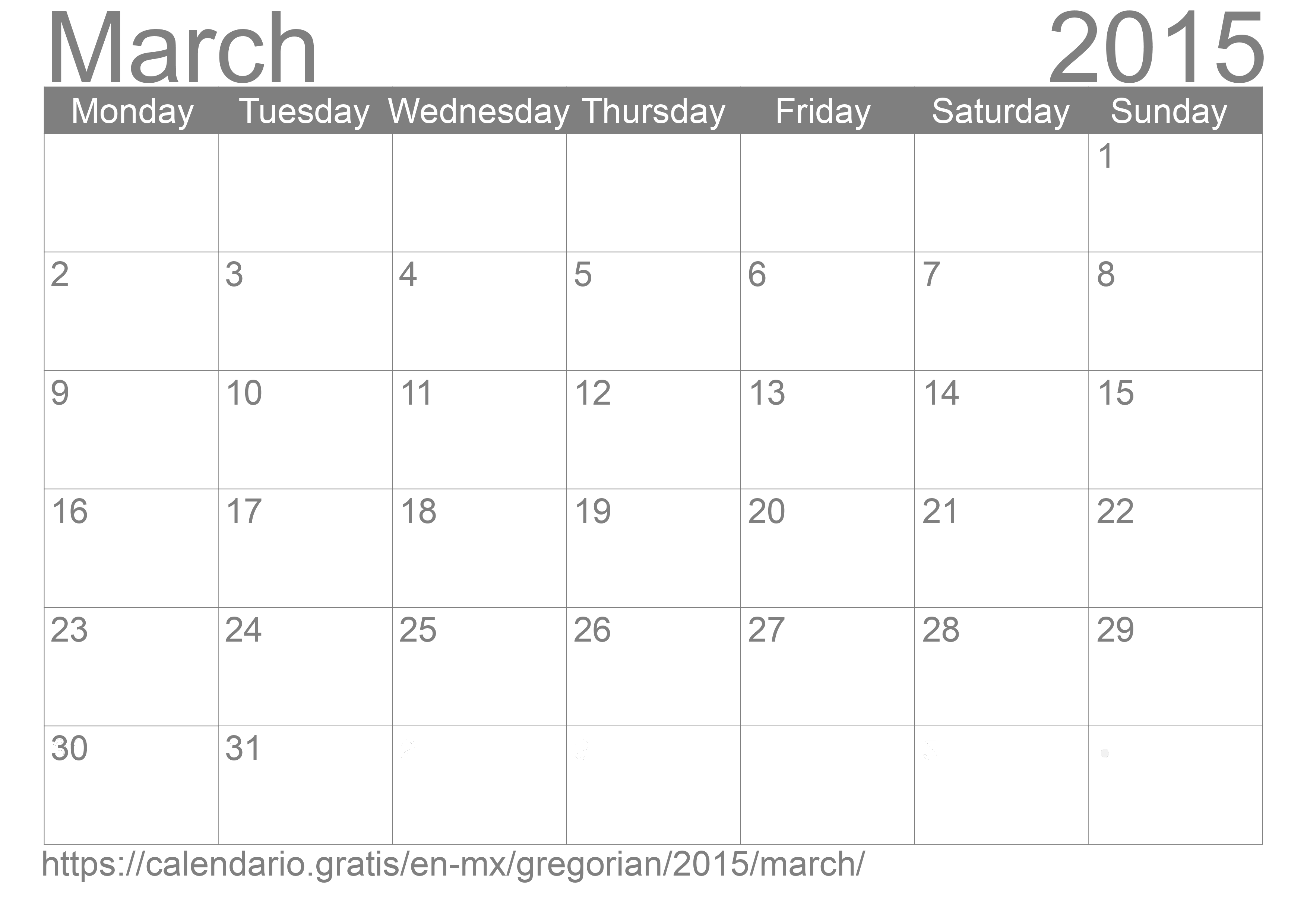 Calendar March 2015 to print
