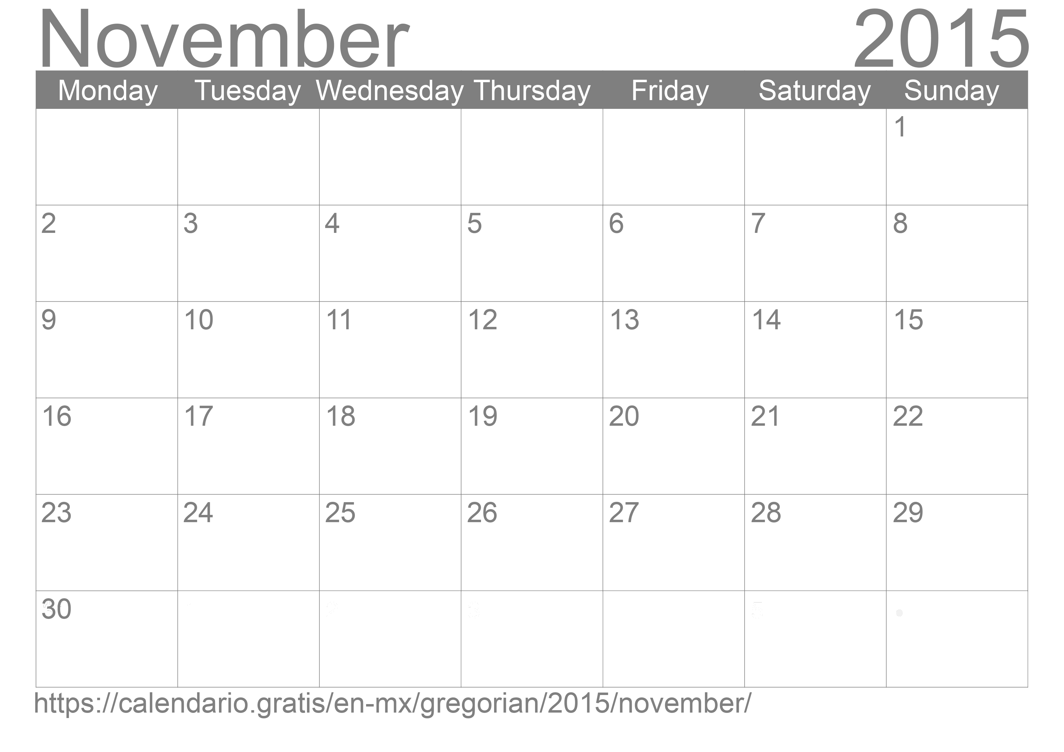 Calendar November 2015 to print