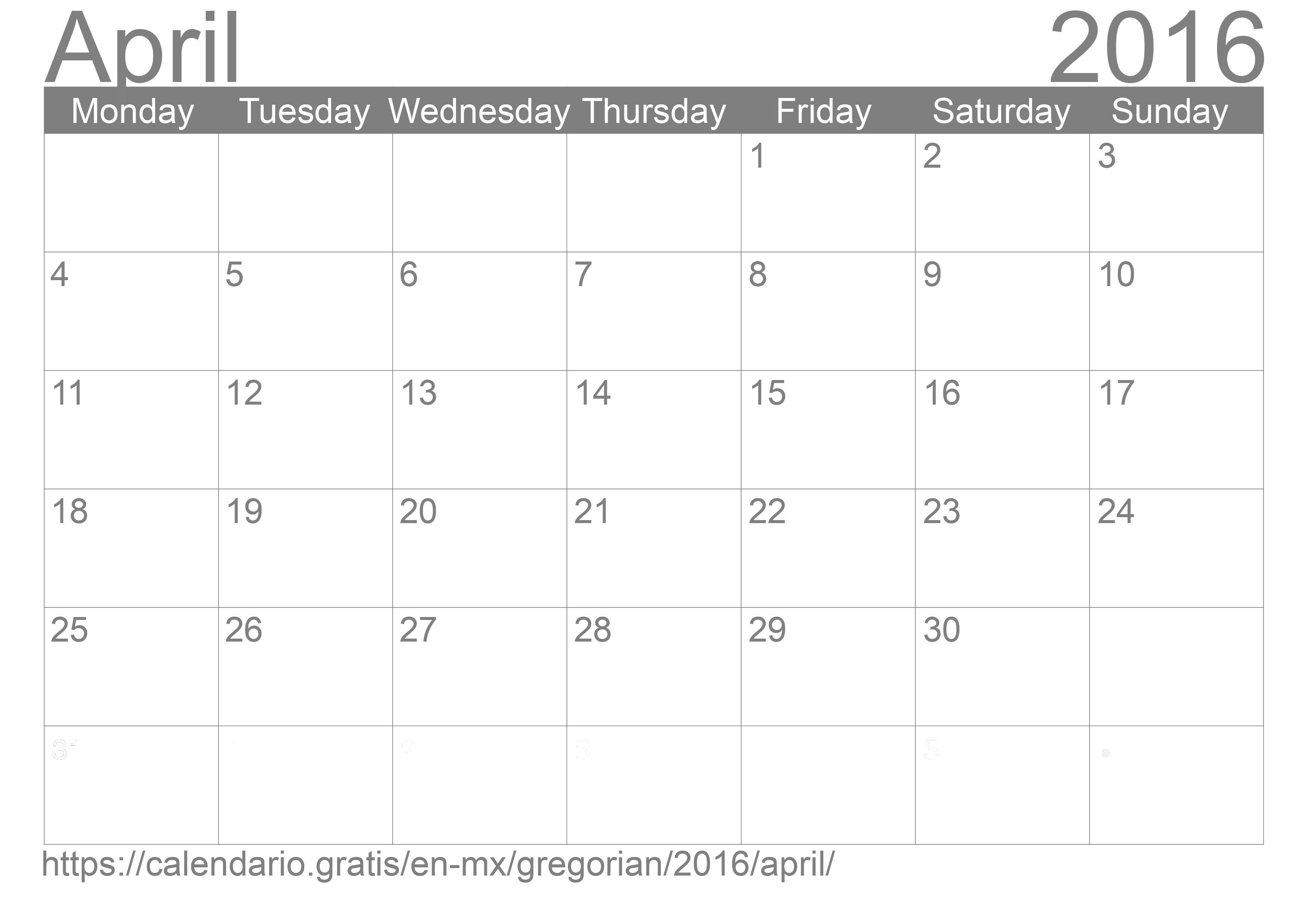 Calendar April 2016 to print