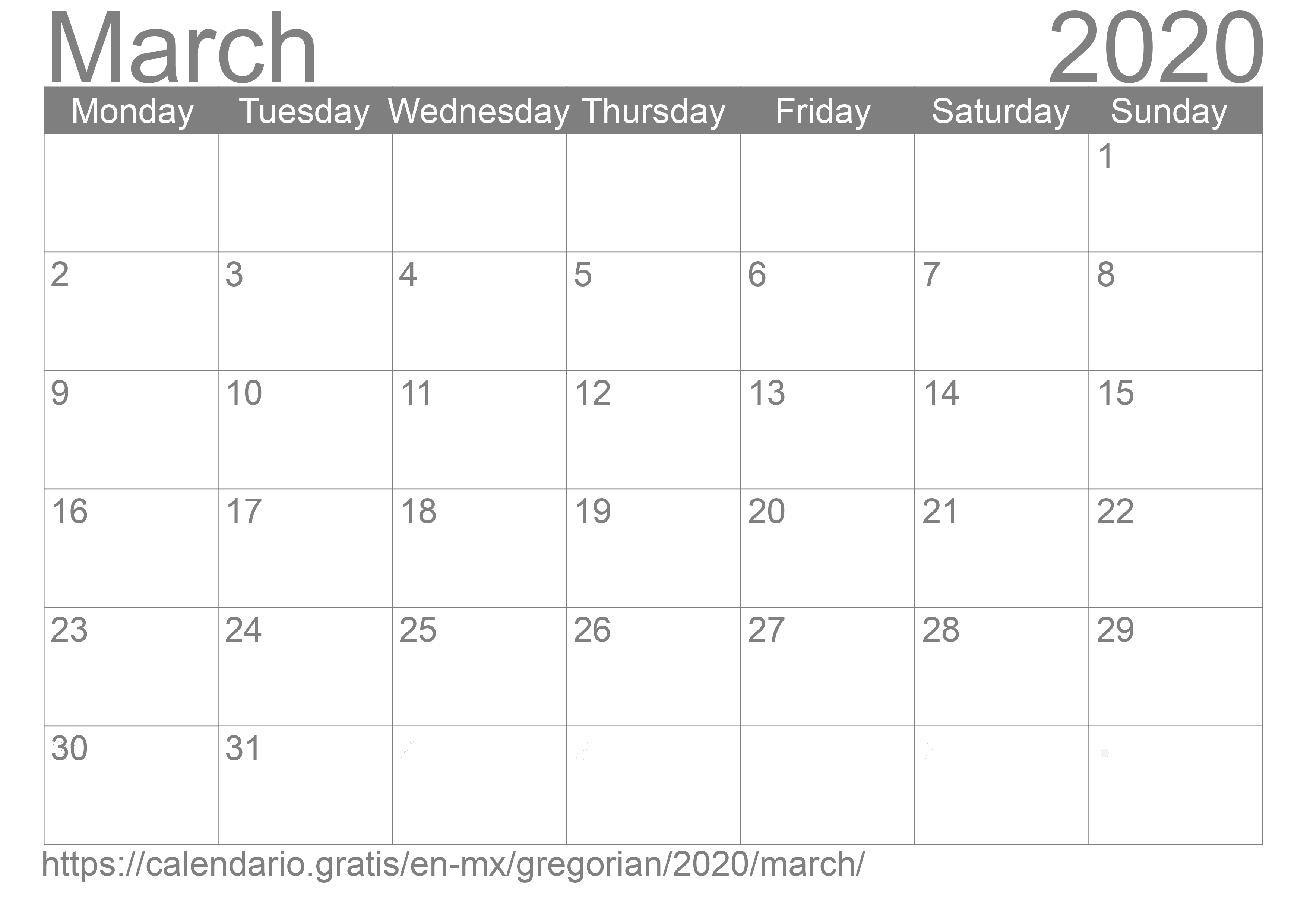 Calendar March 2020 to print