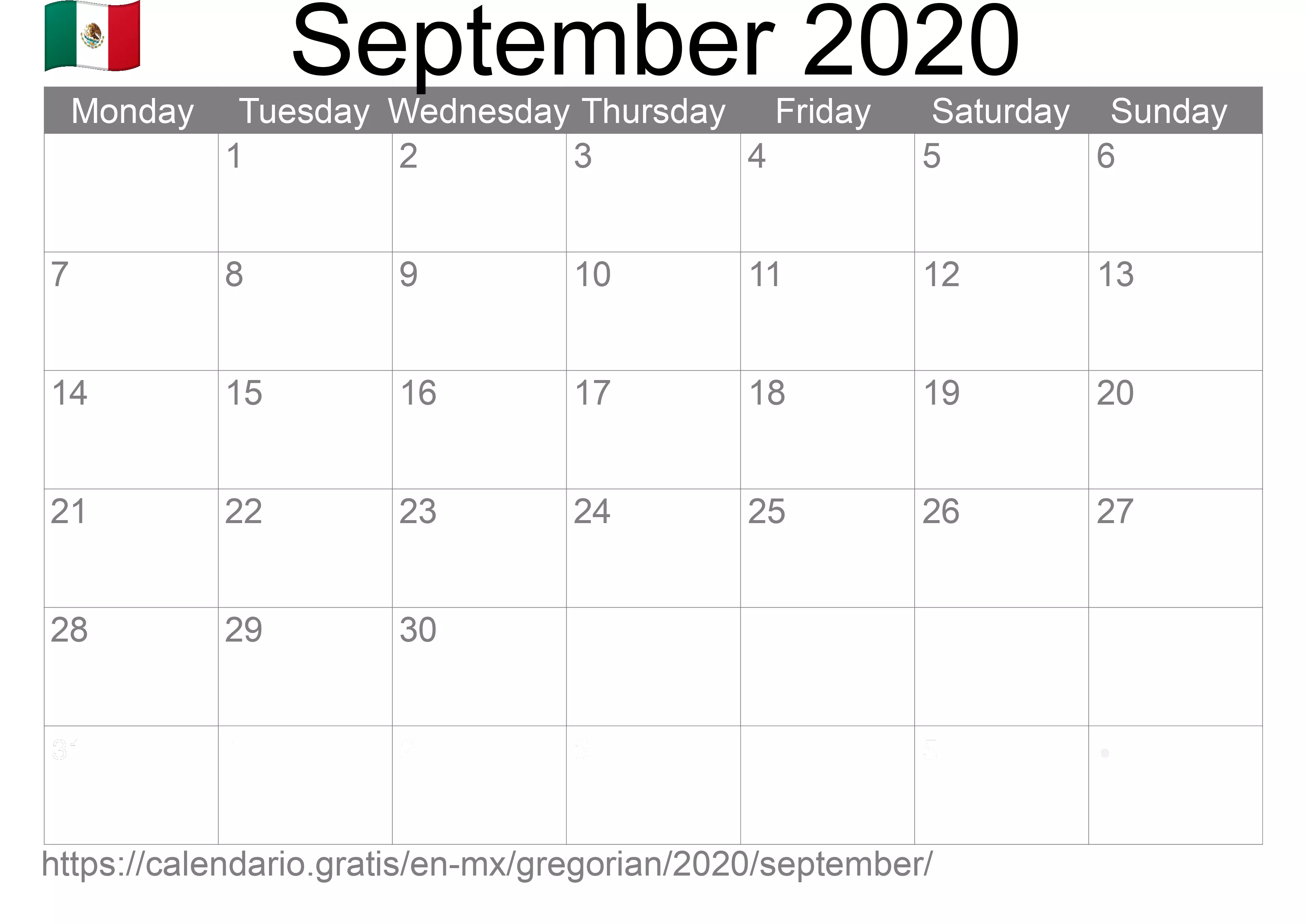 Calendar September 2020 to print (Mexico)