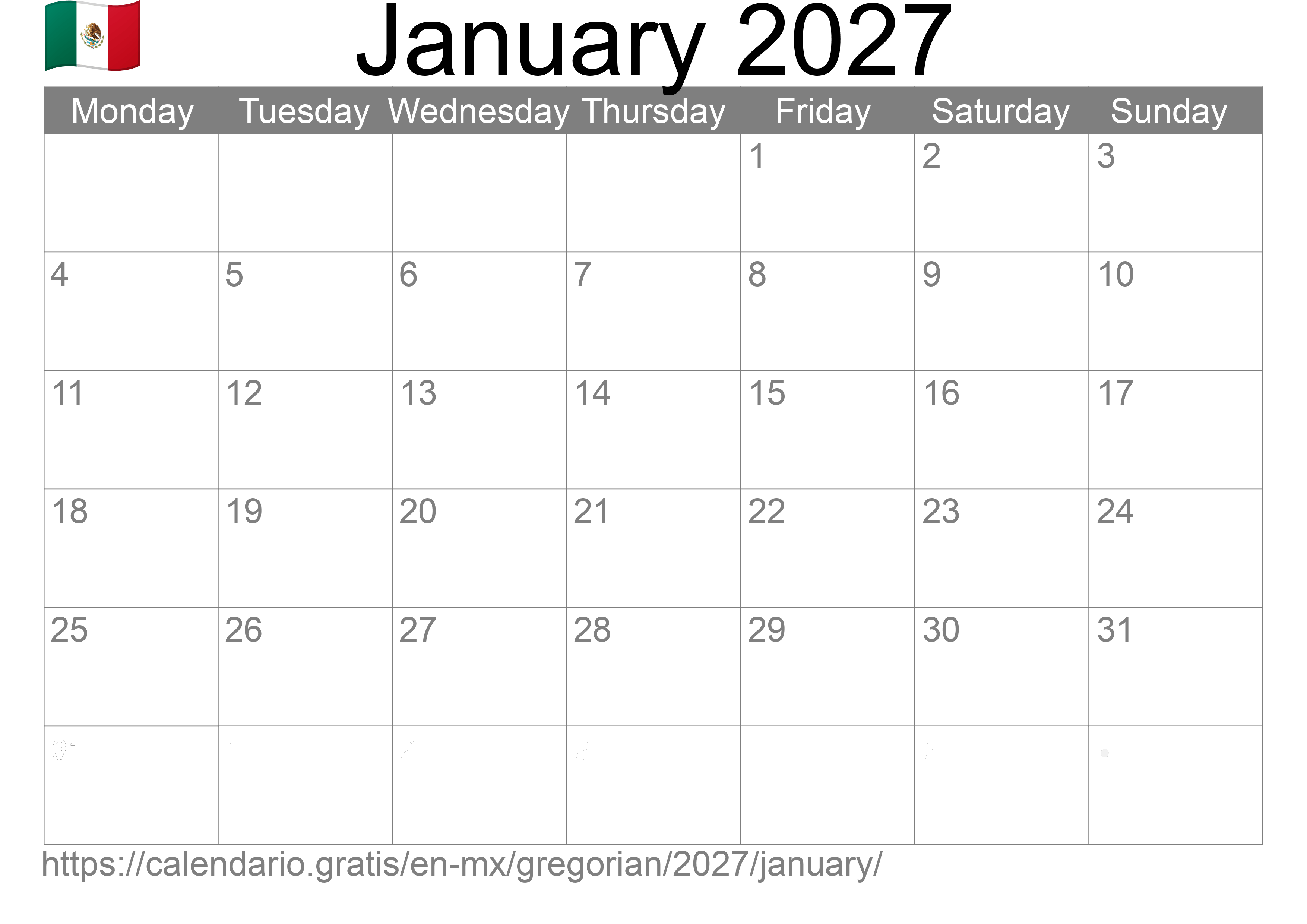 Calendar January 2027 to print