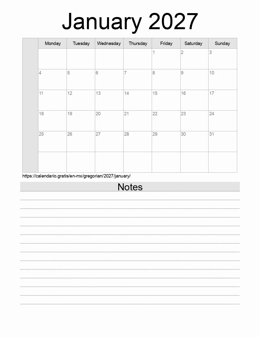 Calendar for printing with notes for 2027 January . (Mexico)