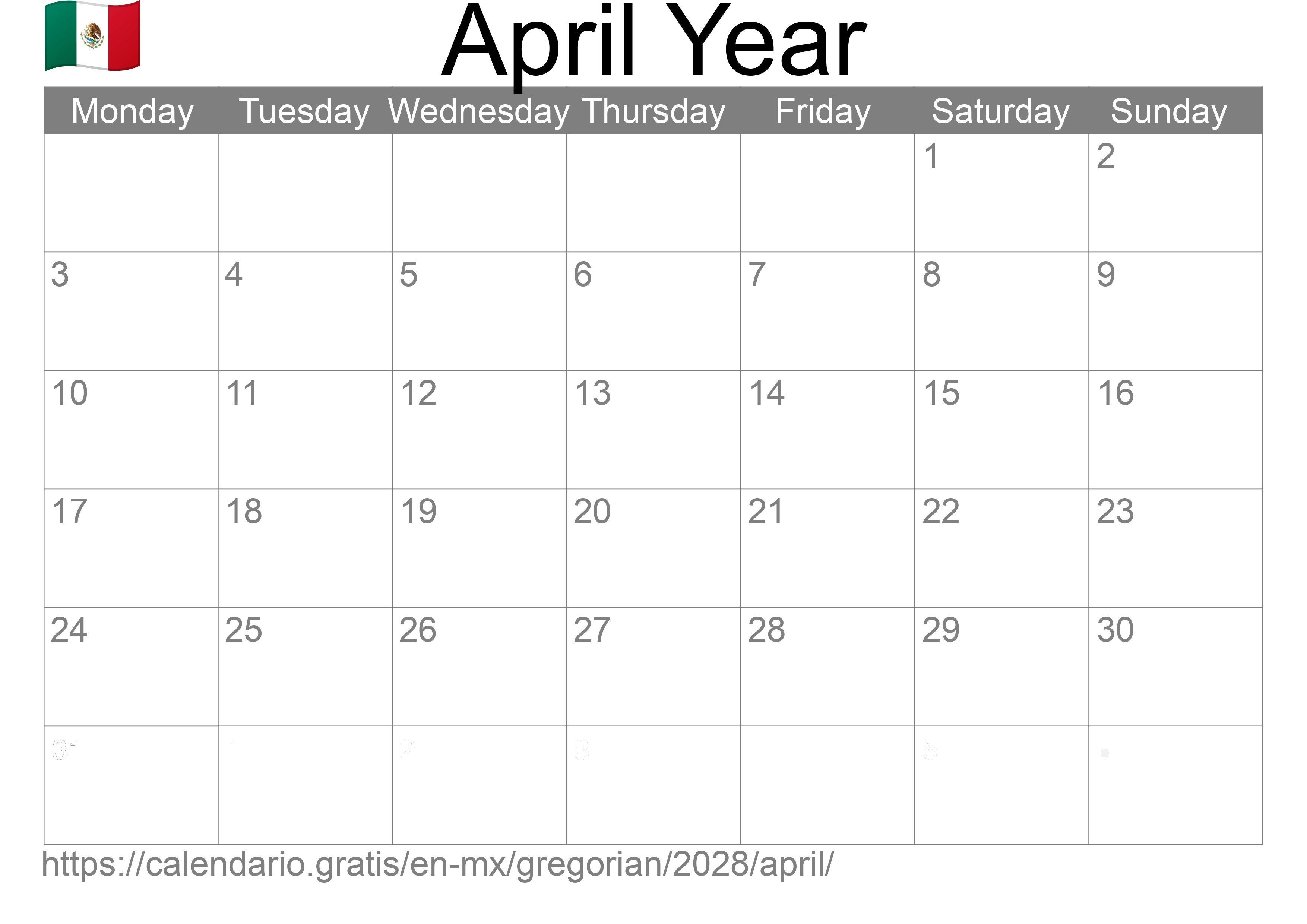 Calendar April 2028 to print