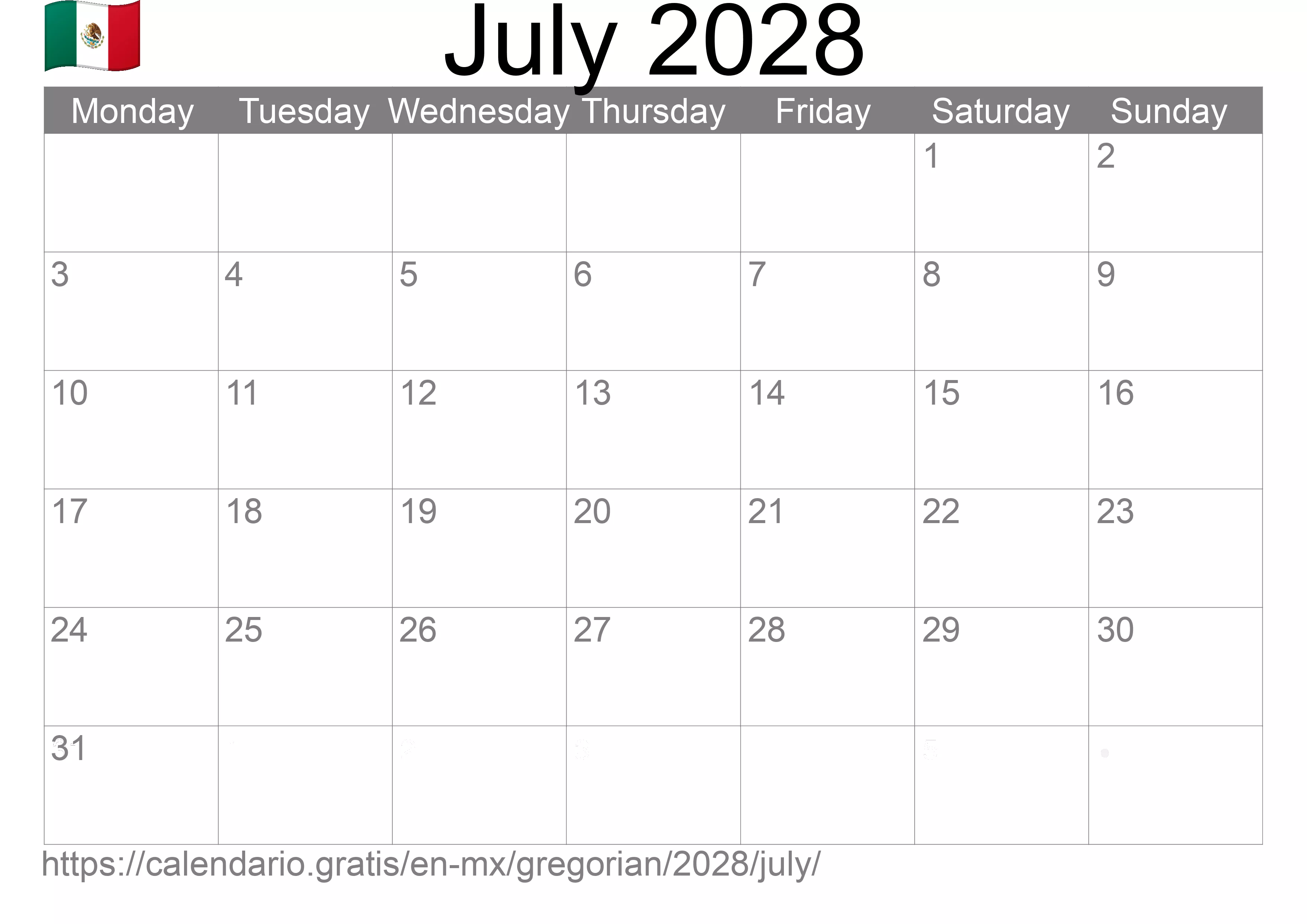 Calendar July 2028 to print (Mexico)