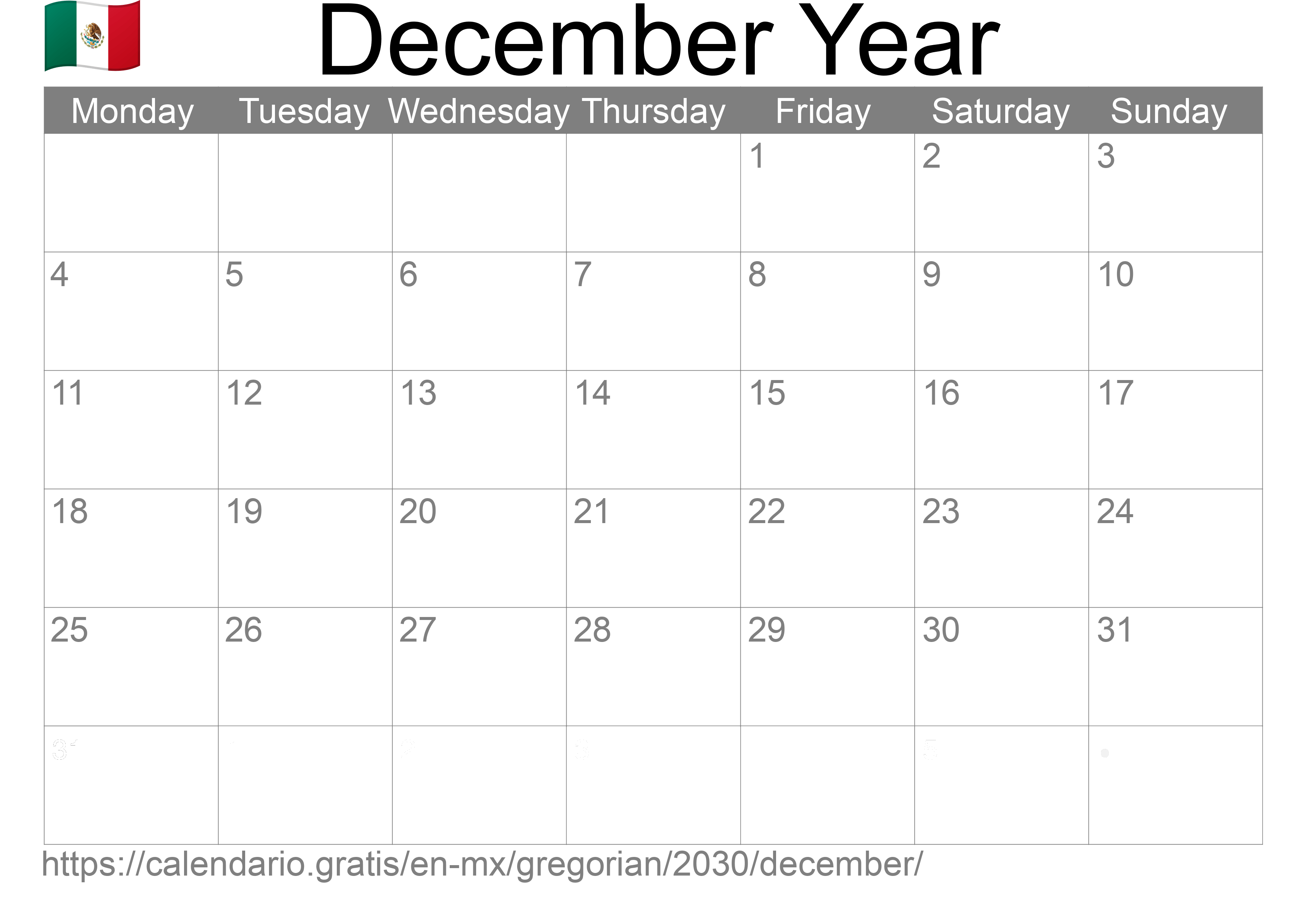 Calendar December 2030 to print