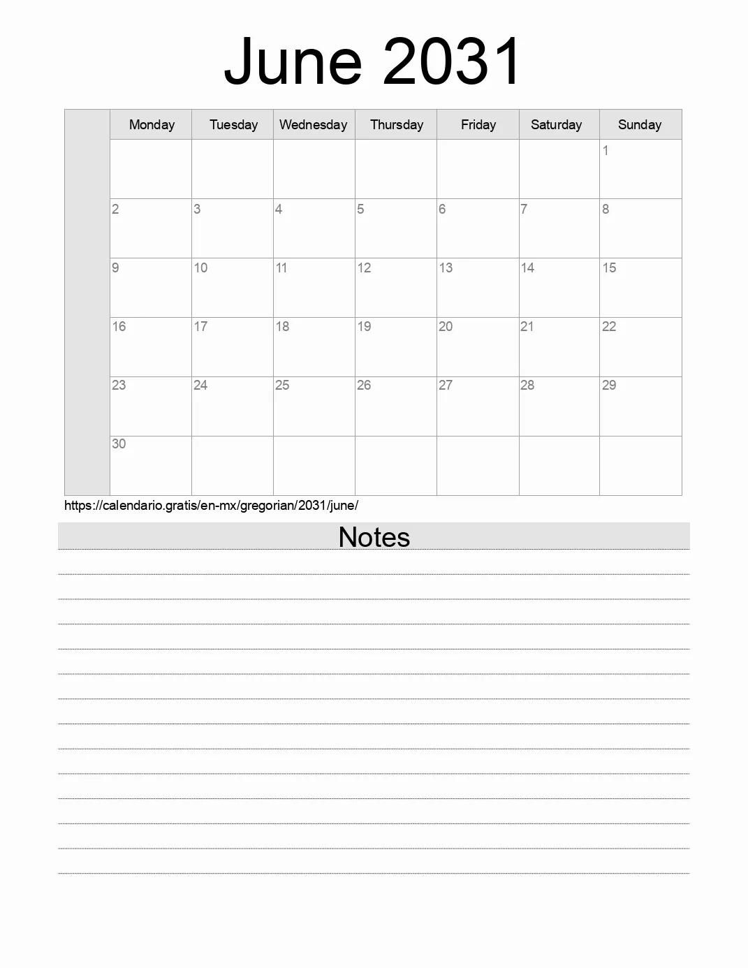 Calendar for printing with notes for 2031 June . (Mexico) Calendar for printing with notes for 2031 June . (Mexico)